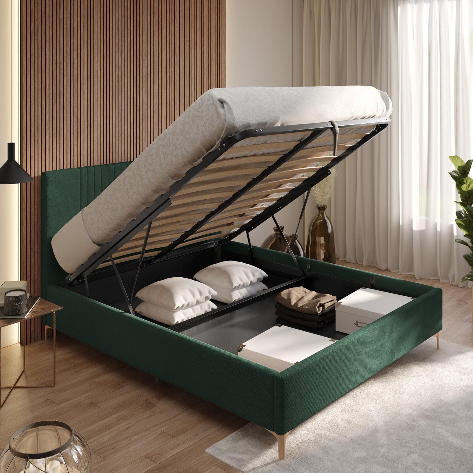 Letto matrimoniale 160x190 cm in tessuto verde bosco con contenitore - Maverick