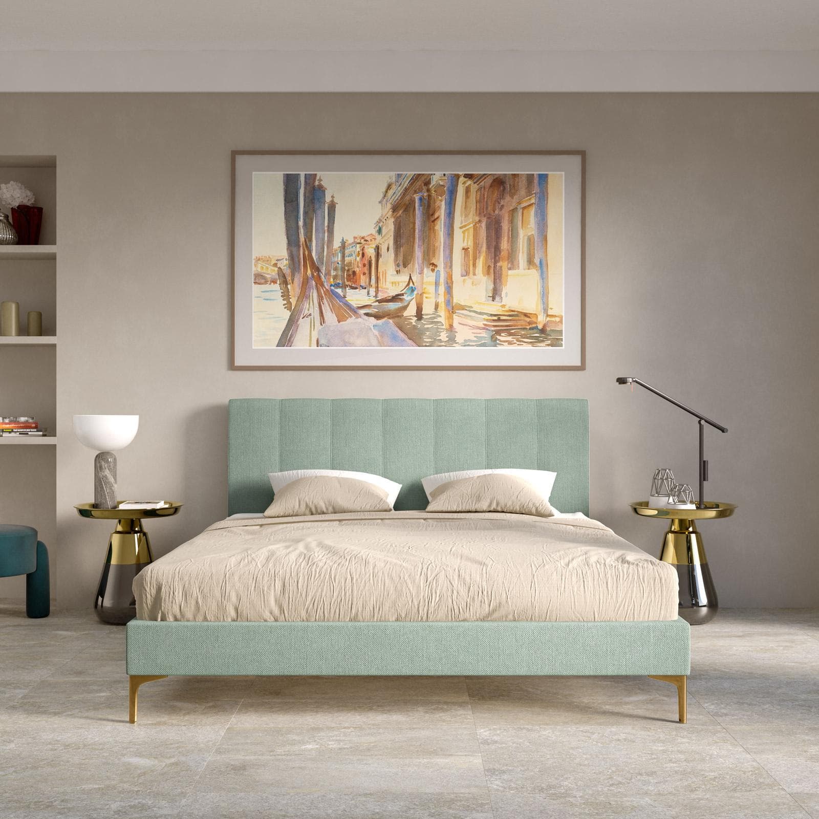 Letto matrimoniale 160x190 cm in tessuto verde menta con gambe oro opaco - Firik