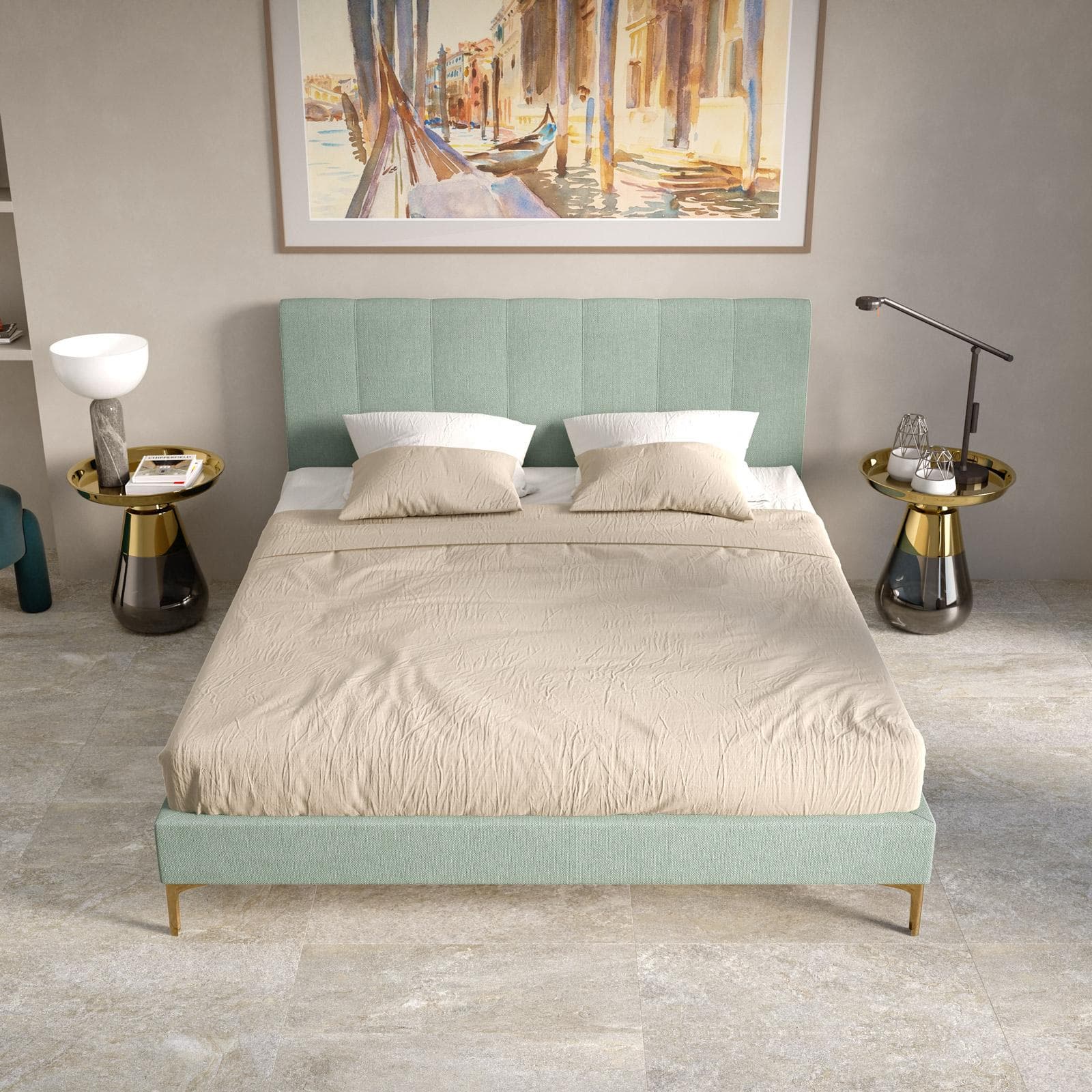 Letto matrimoniale 160x190 cm in tessuto verde menta con gambe oro opaco - Firik