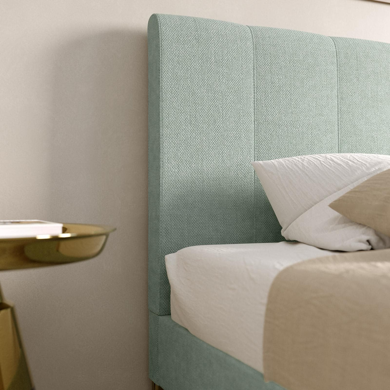 Letto matrimoniale 160x190 cm in tessuto verde menta con gambe oro opaco - Firik