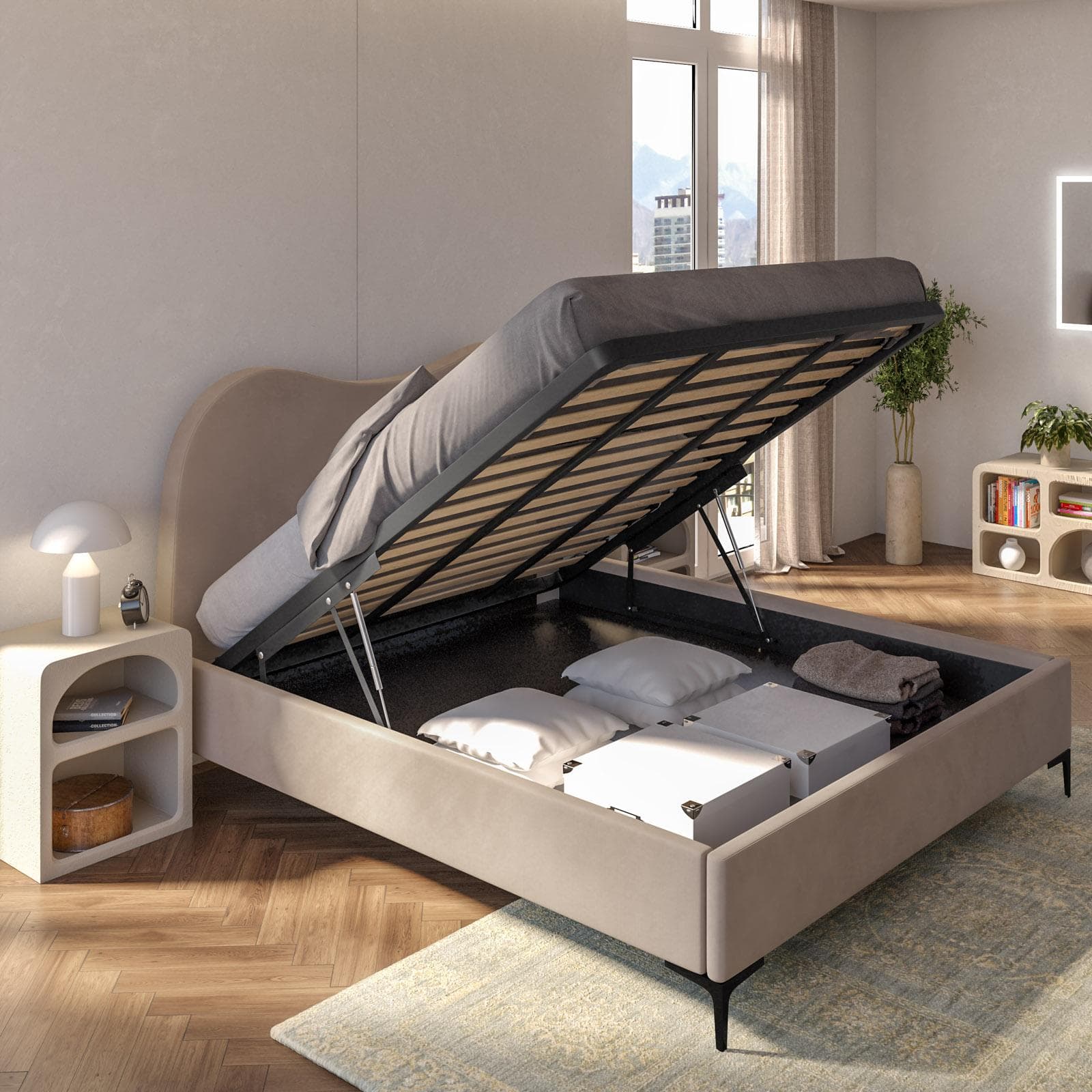 Letto matrimoniale 160x190 cm in velluto beige con contenitore e piedi neri - Goldie