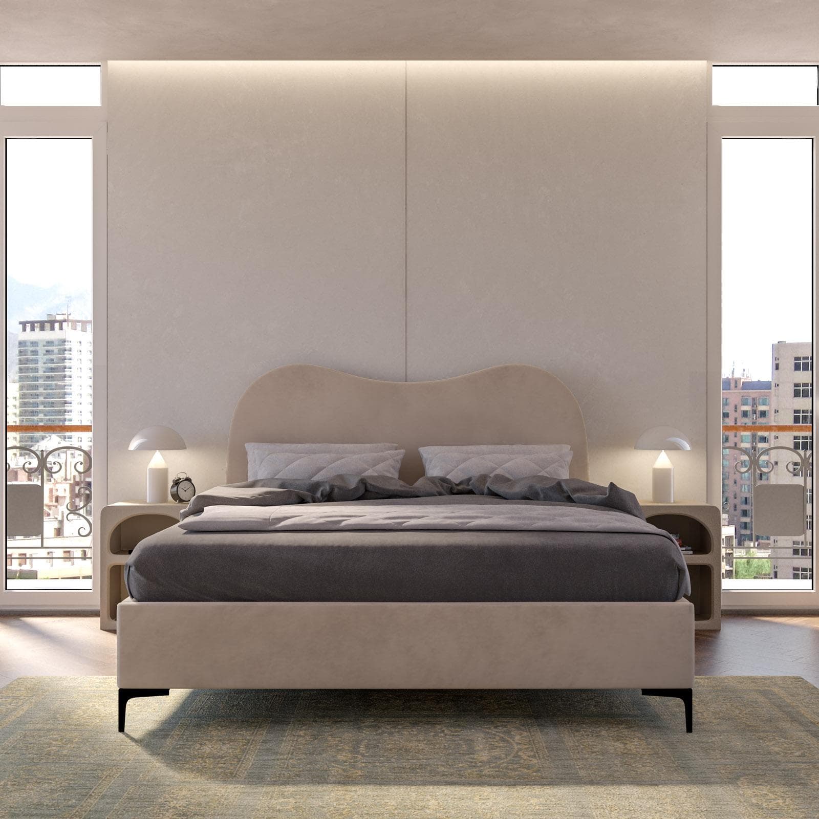 Letto matrimoniale 160x190 cm in velluto beige con contenitore e piedi neri - Goldie