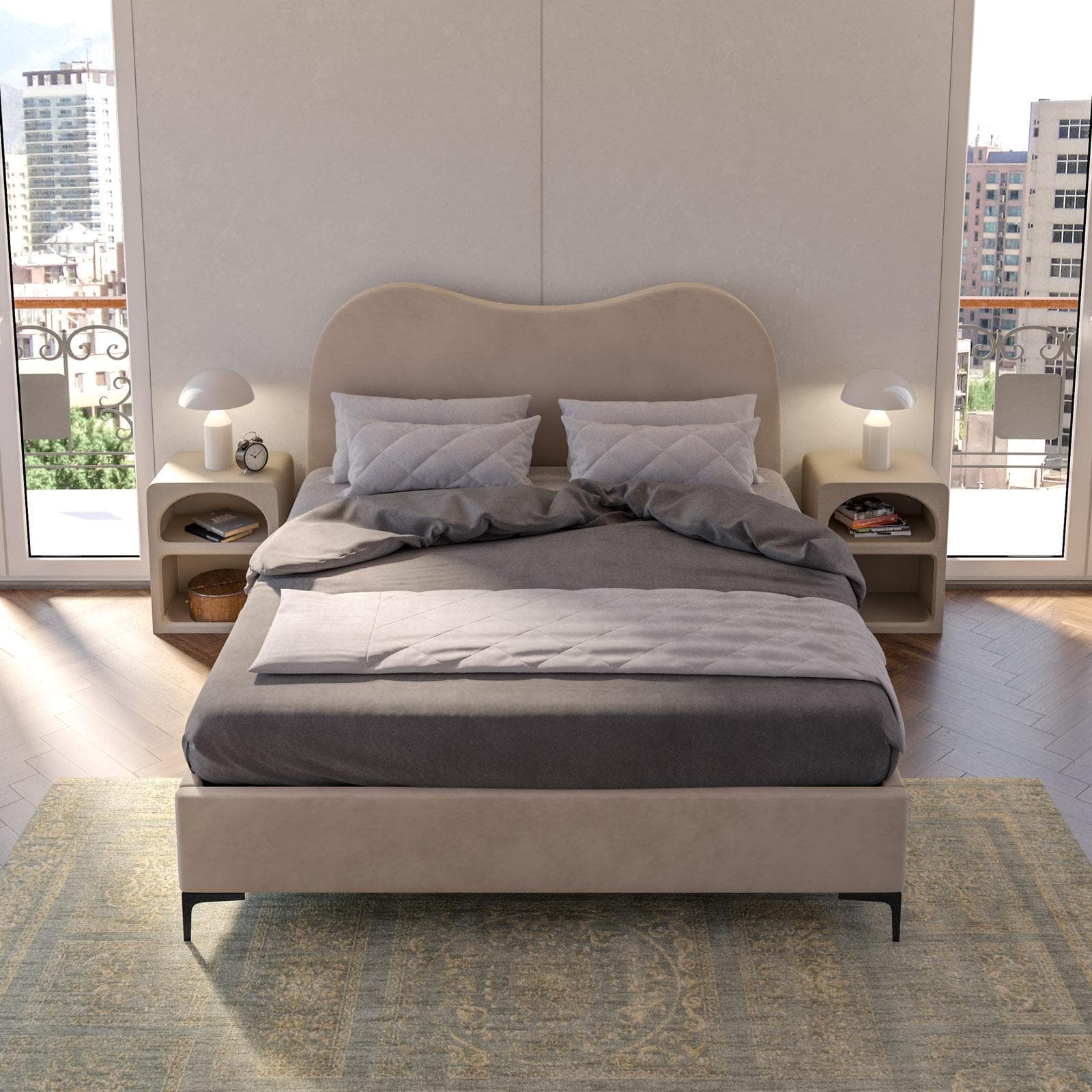 Letto matrimoniale 160x190 cm in velluto beige con contenitore e piedi neri - Goldie