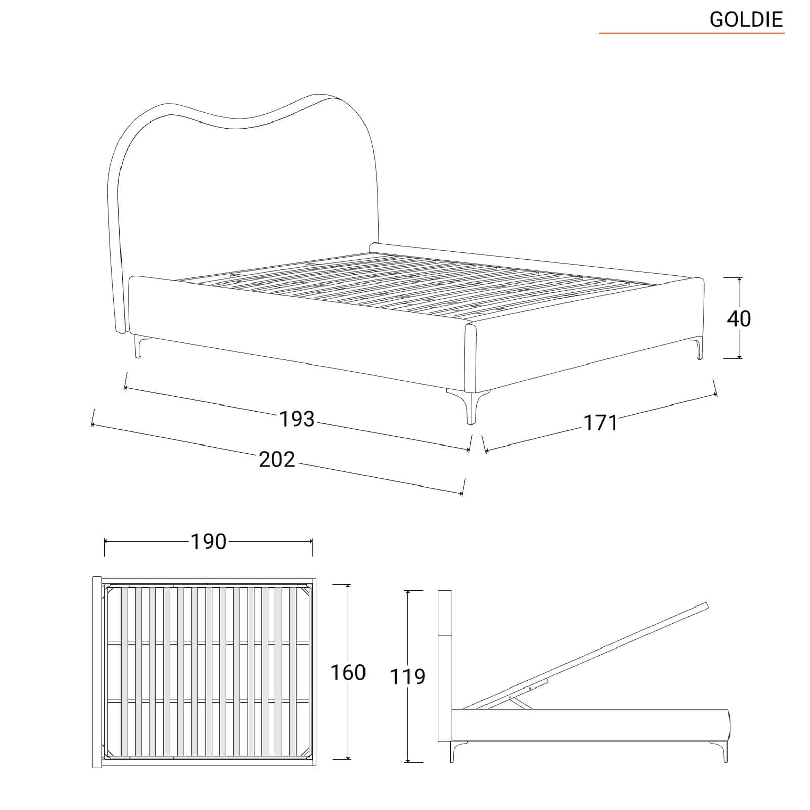 Letto matrimoniale 160x190 cm in velluto beige con contenitore e piedi neri - Goldie