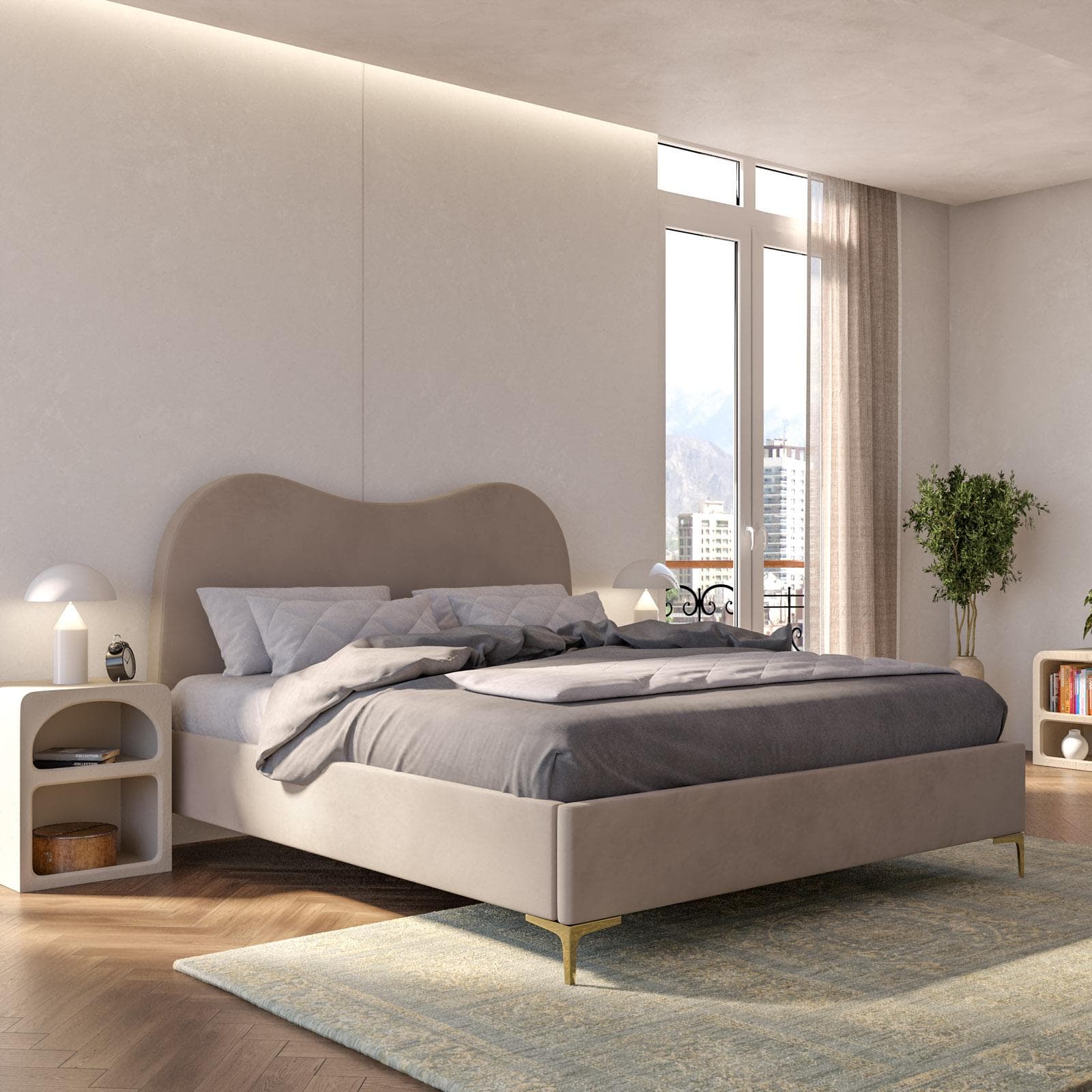 Letto matrimoniale 160x190 cm in velluto beige con contenitore e piedi oro - Goldie