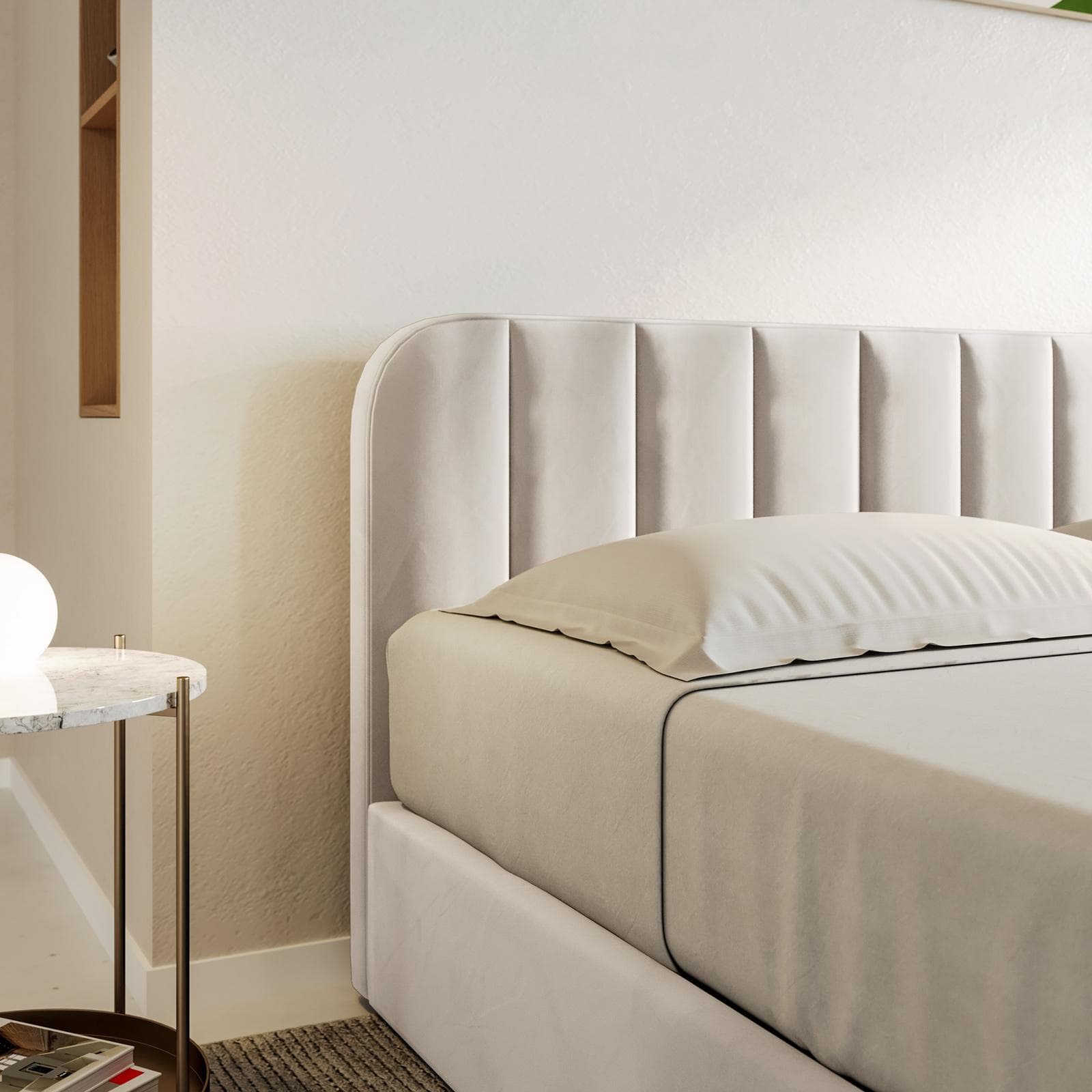 Letto matrimoniale 160x190 cm in velluto bianco perla con contenitore - Farer