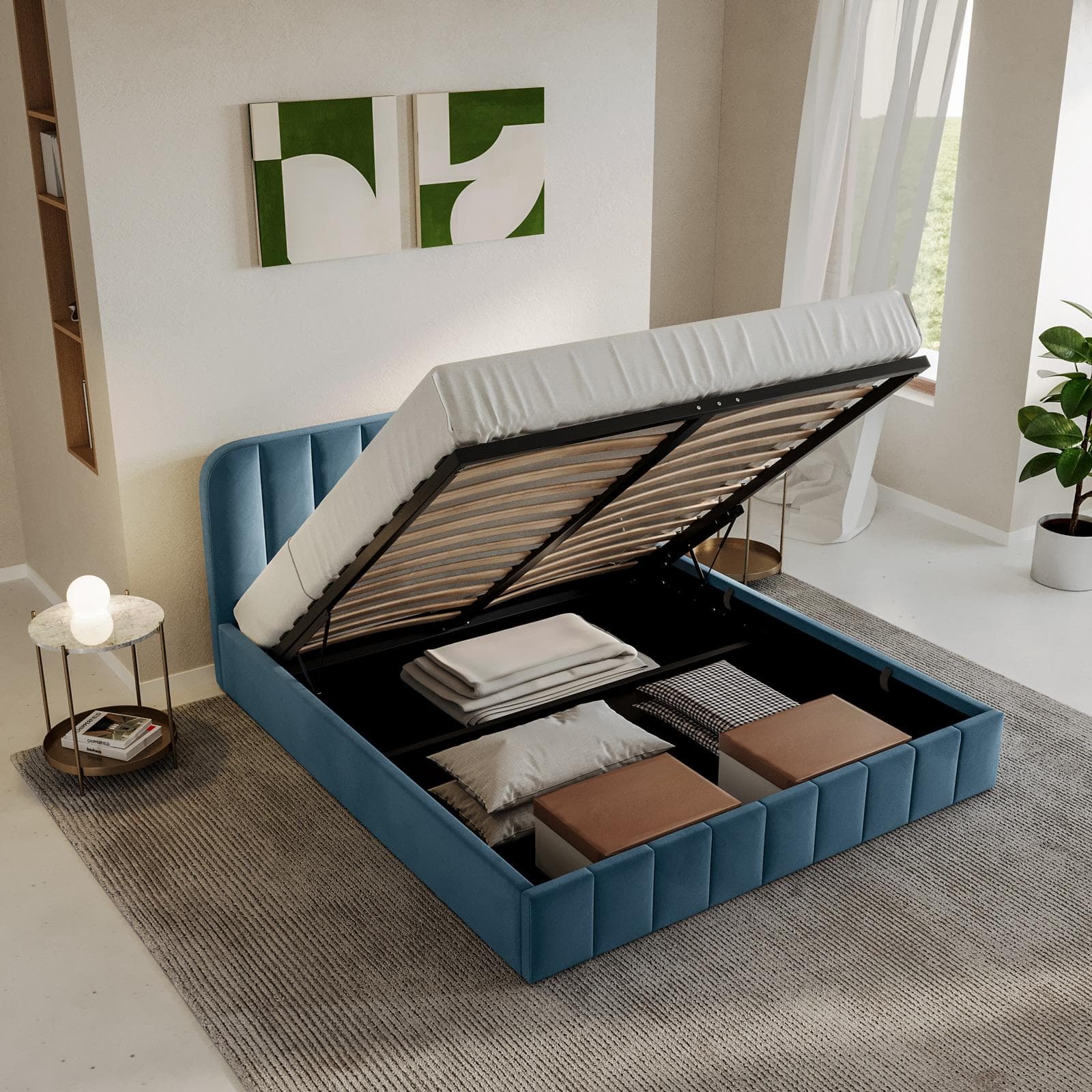 Letto matrimoniale 160x190 cm in velluto blu petrolio con contenitore - Farer