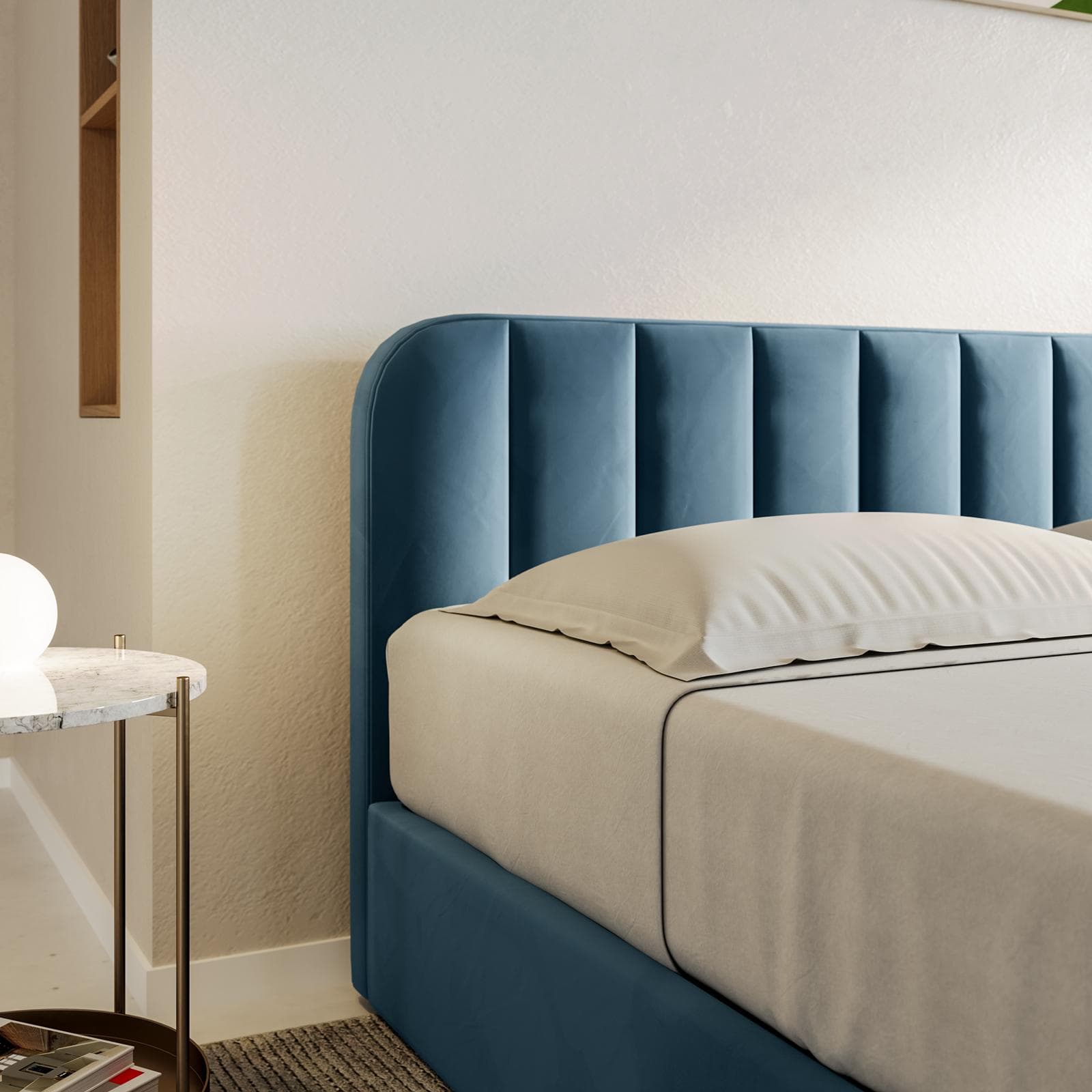 Letto matrimoniale 160x190 cm in velluto blu petrolio con contenitore - Farer