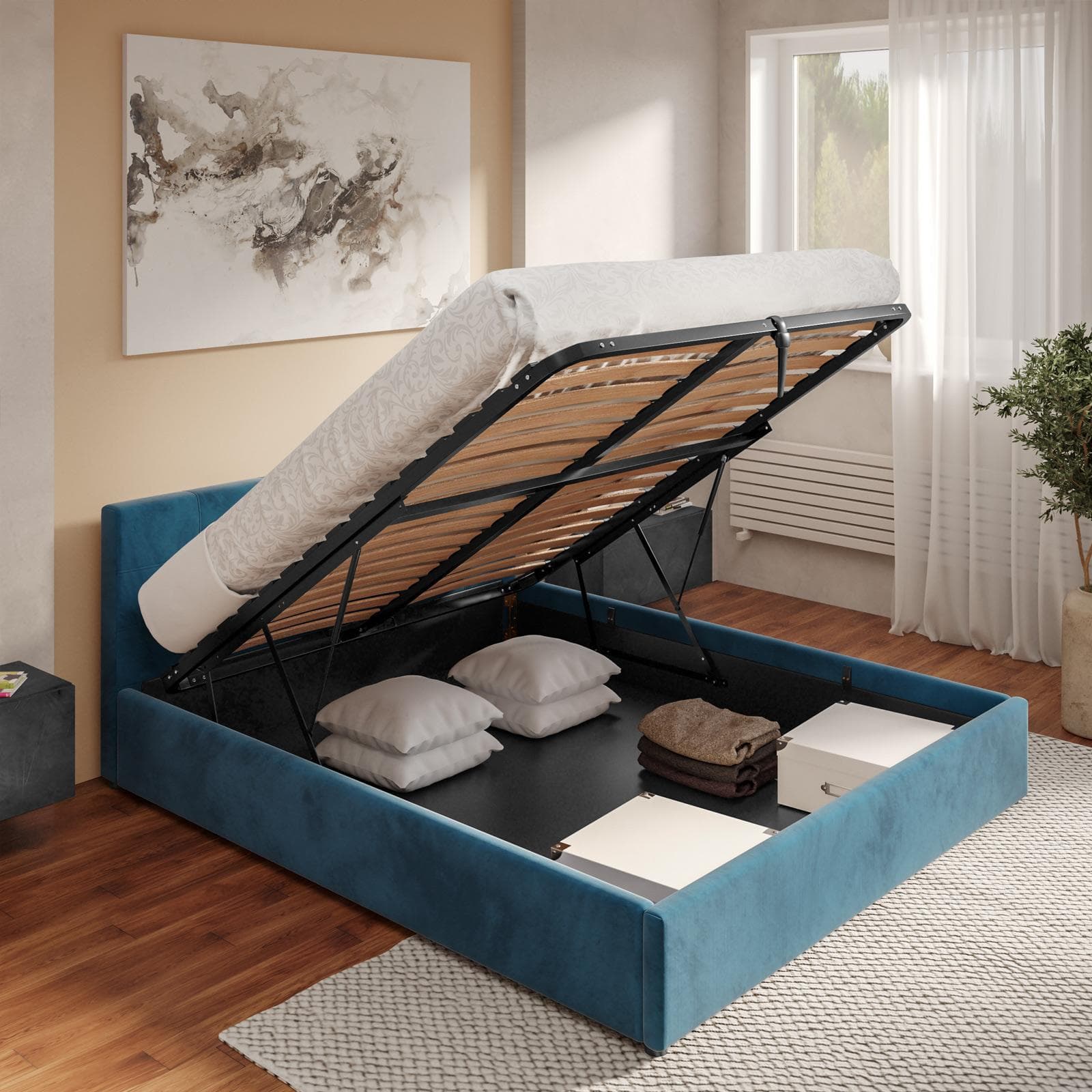 Letto matrimoniale 160x190 cm in velluto blu petrolio con contenitore - Henderson