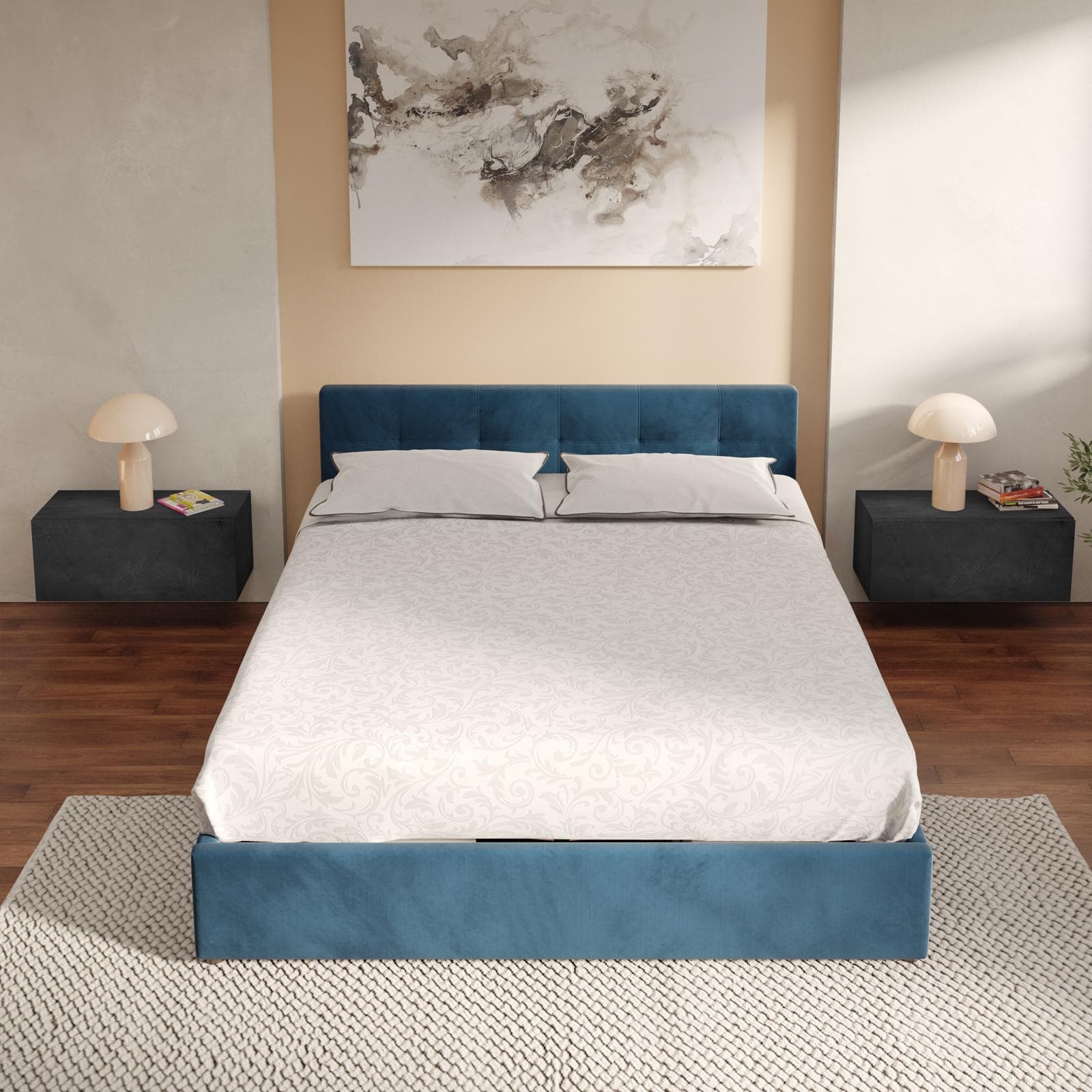 Letto matrimoniale 160x190 cm in velluto blu petrolio con contenitore - Henderson