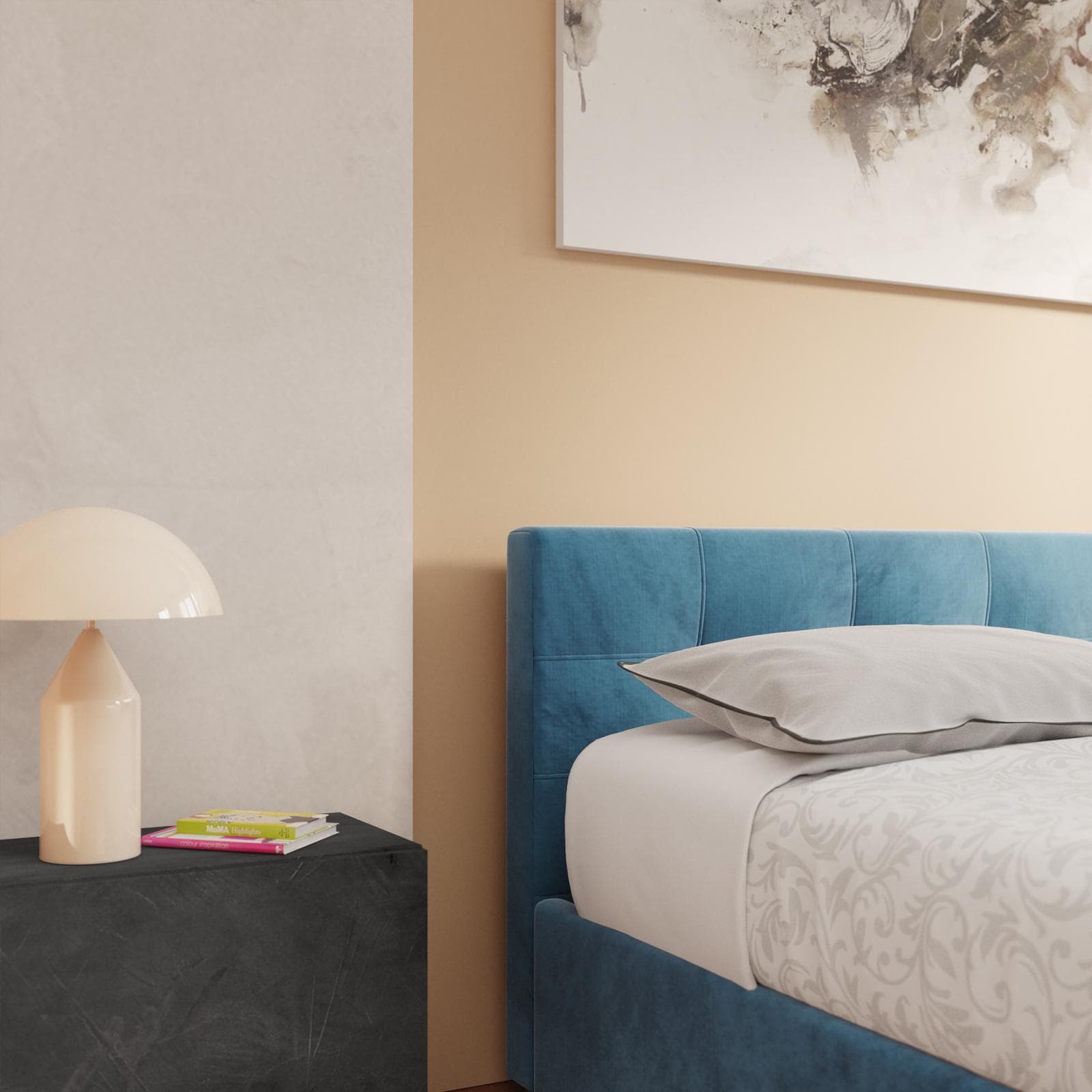 Letto matrimoniale 160x190 cm in velluto blu petrolio con contenitore - Henderson