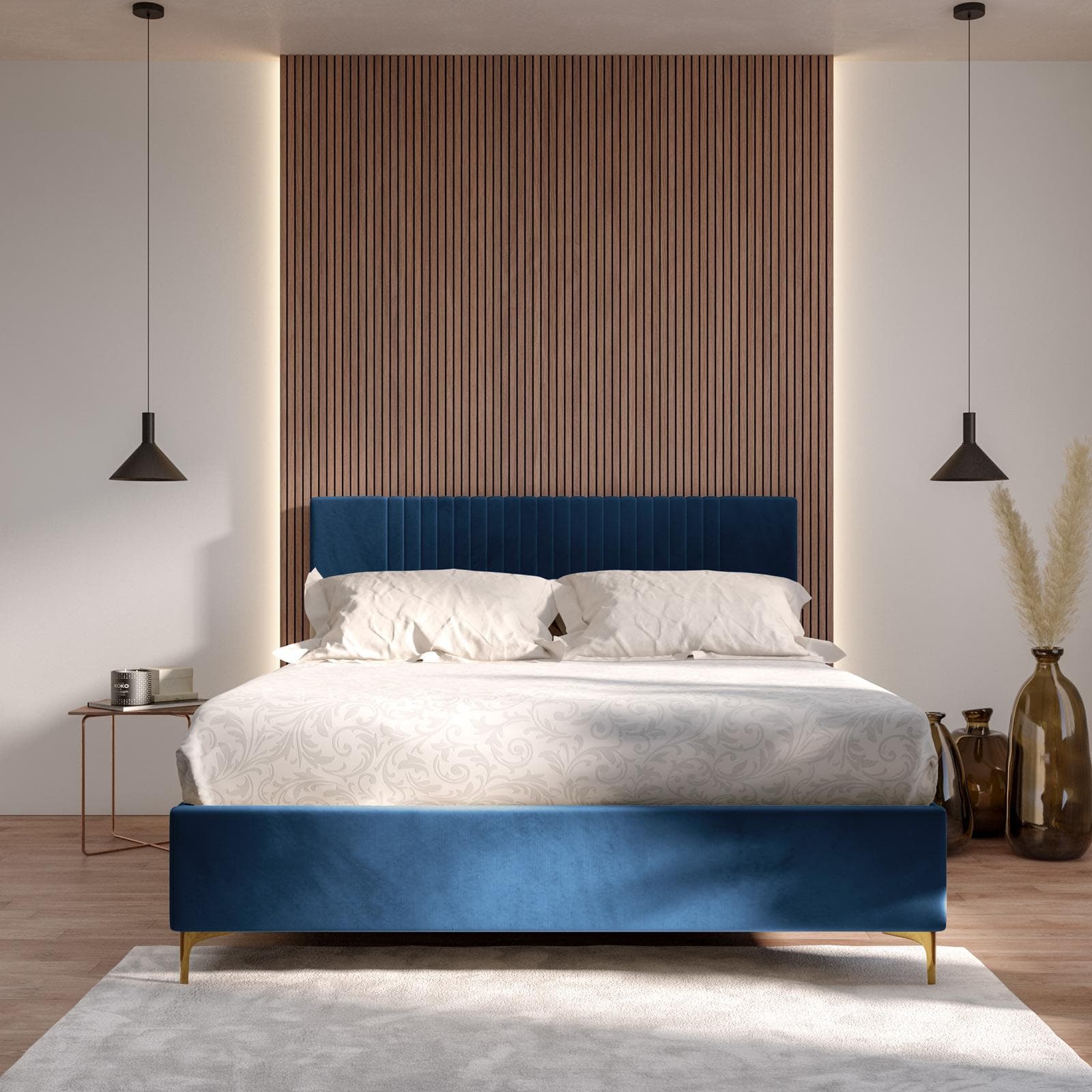 Letto matrimoniale 160x190 cm in velluto blu petrolio con contenitore - Maverick