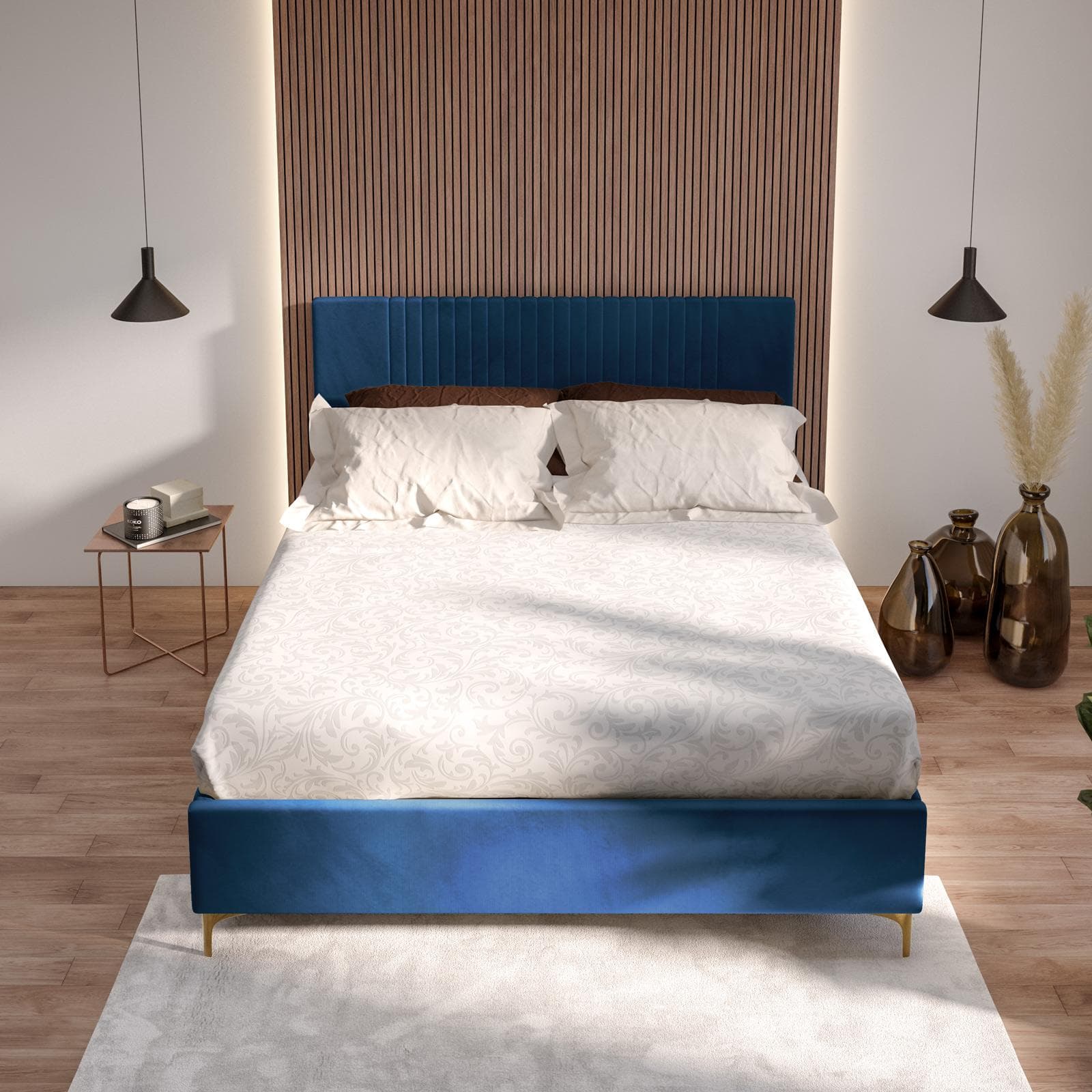 Letto matrimoniale 160x190 cm in velluto blu petrolio con contenitore - Maverick