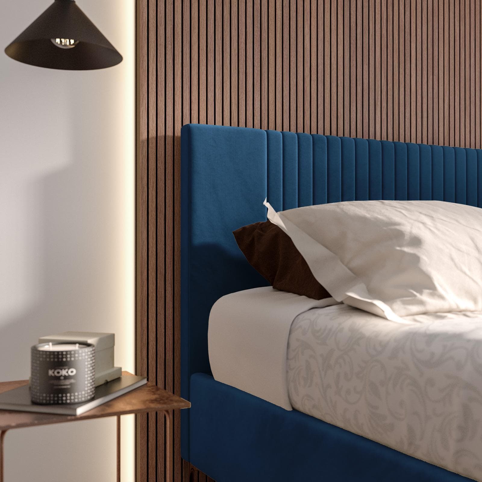 Letto matrimoniale 160x190 cm in velluto blu petrolio con contenitore - Maverick