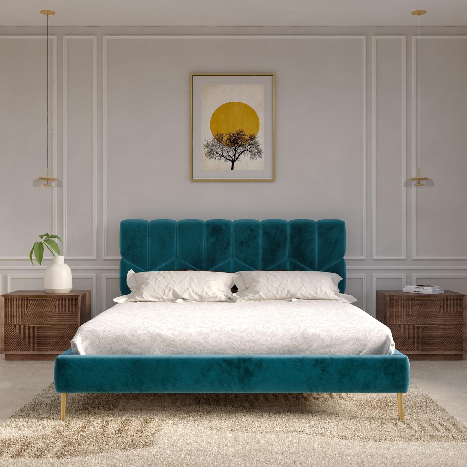 Letto matrimoniale 160x190 cm in velluto blu petrolio e piedi oro - Syman