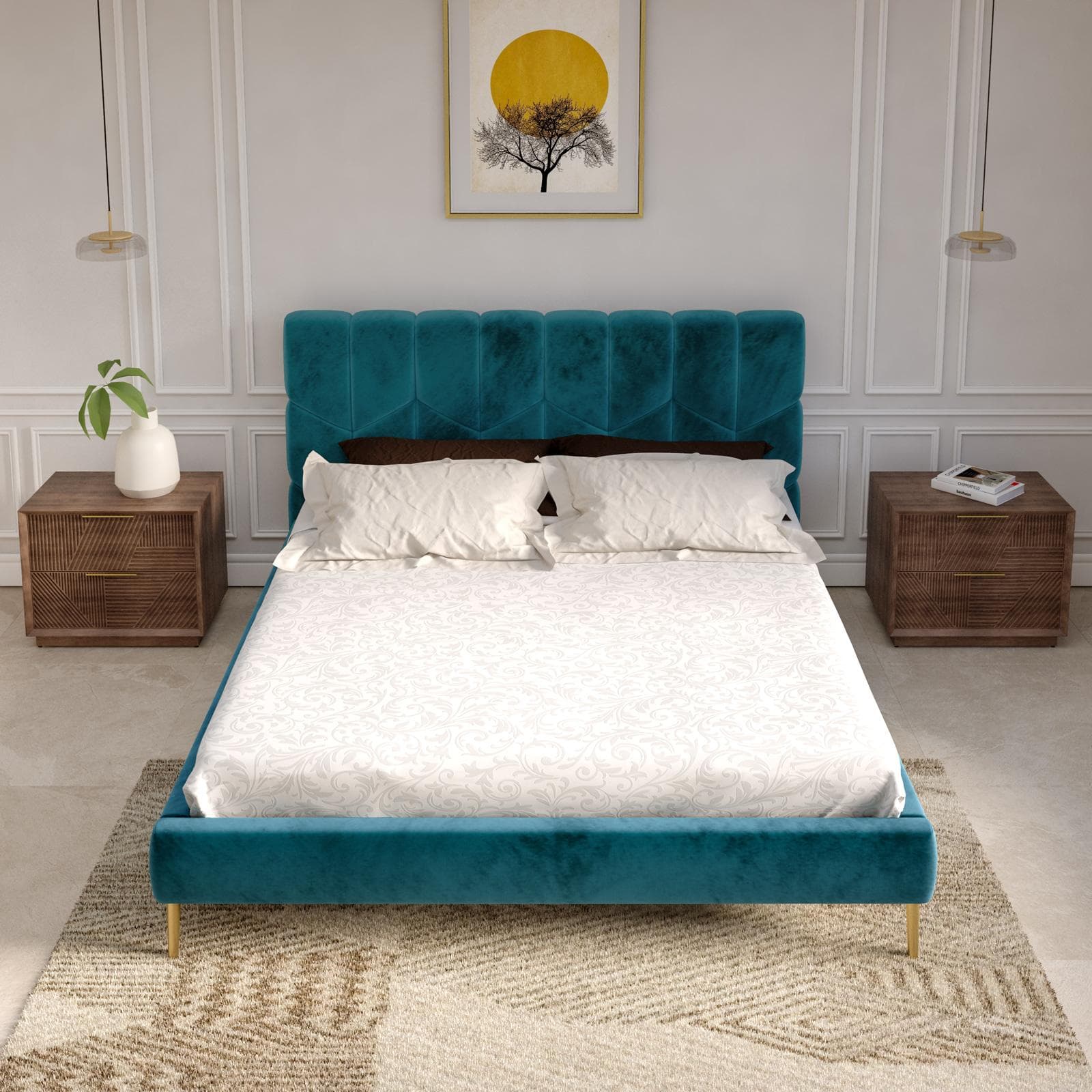 Letto matrimoniale 160x190 cm in velluto blu petrolio e piedi oro - Syman