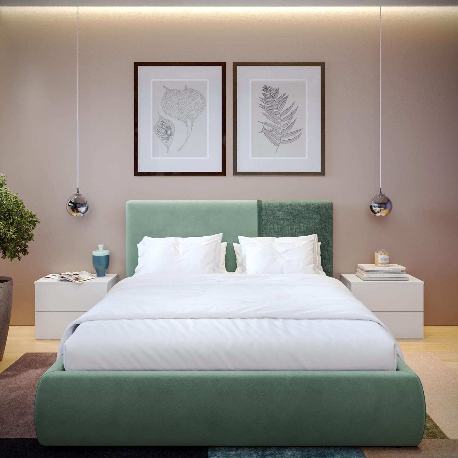 Letto matrimoniale 160x190 cm in velluto e tessuto verde salvia con contenitore - Astyn