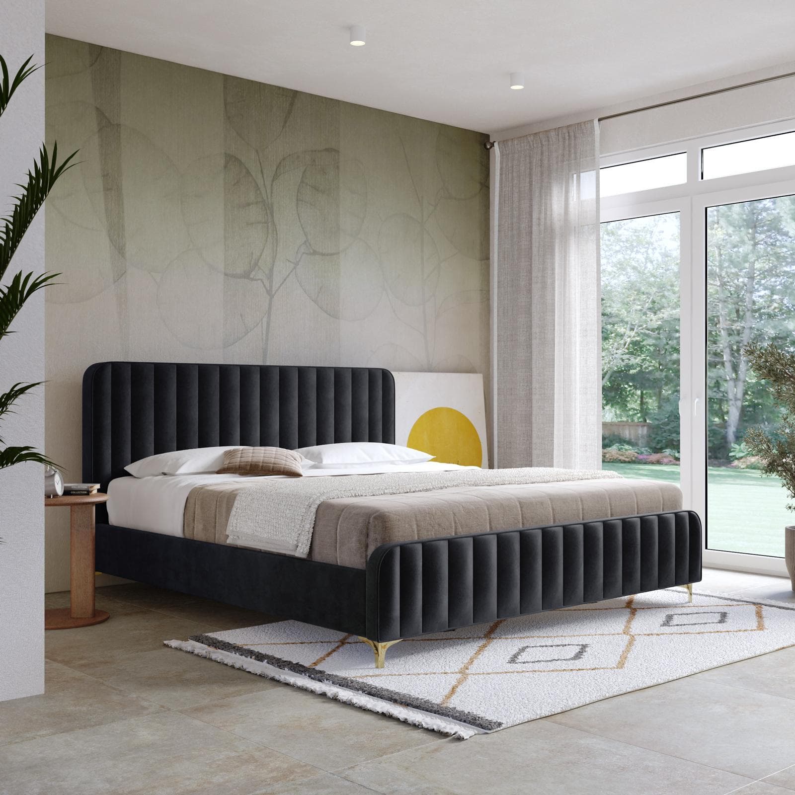 Letto matrimoniale 160x190 cm in velluto nero con piedi in metallo oro - Chimera