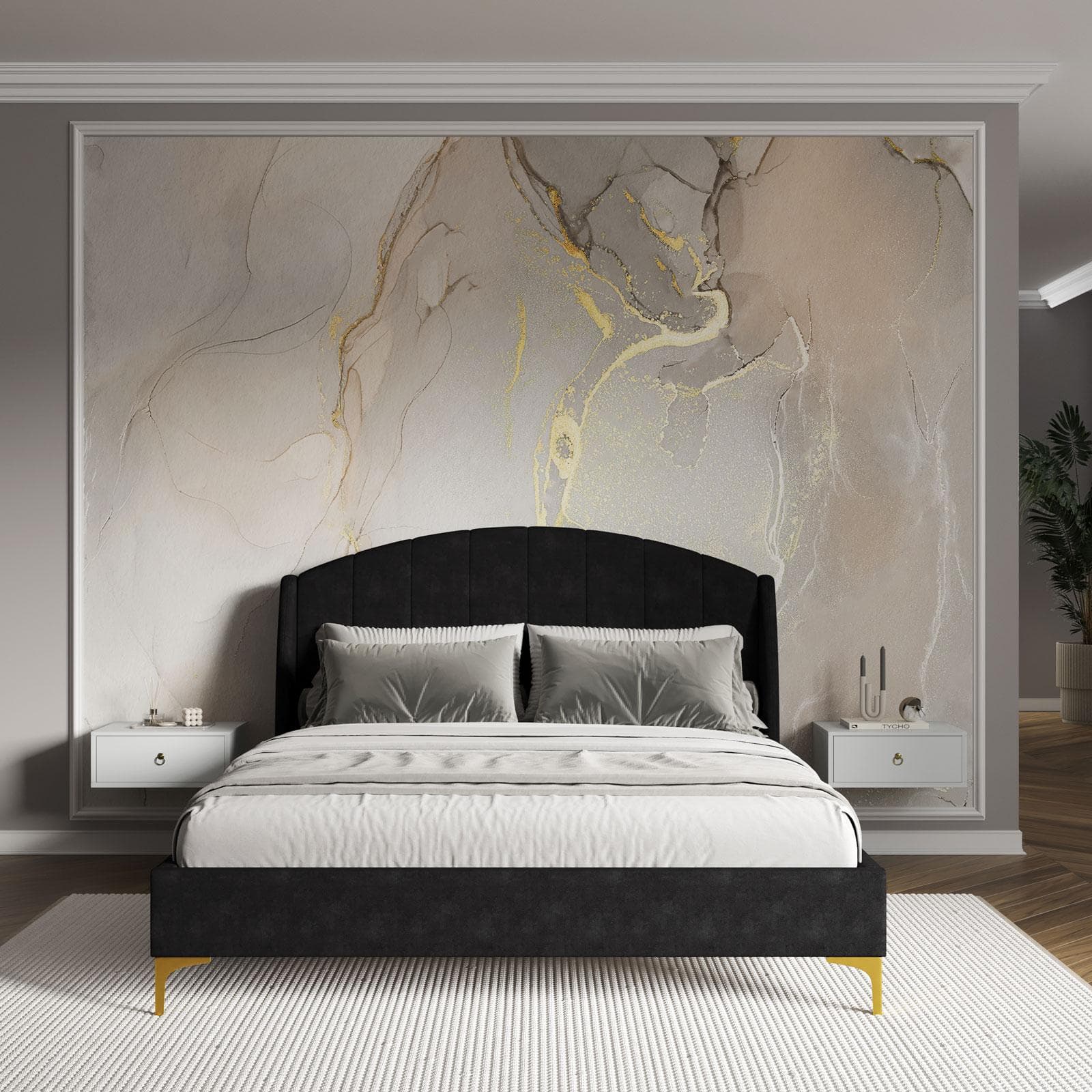 Letto matrimoniale 160x190 cm in velluto nero con piedi in metallo oro - Wisdom