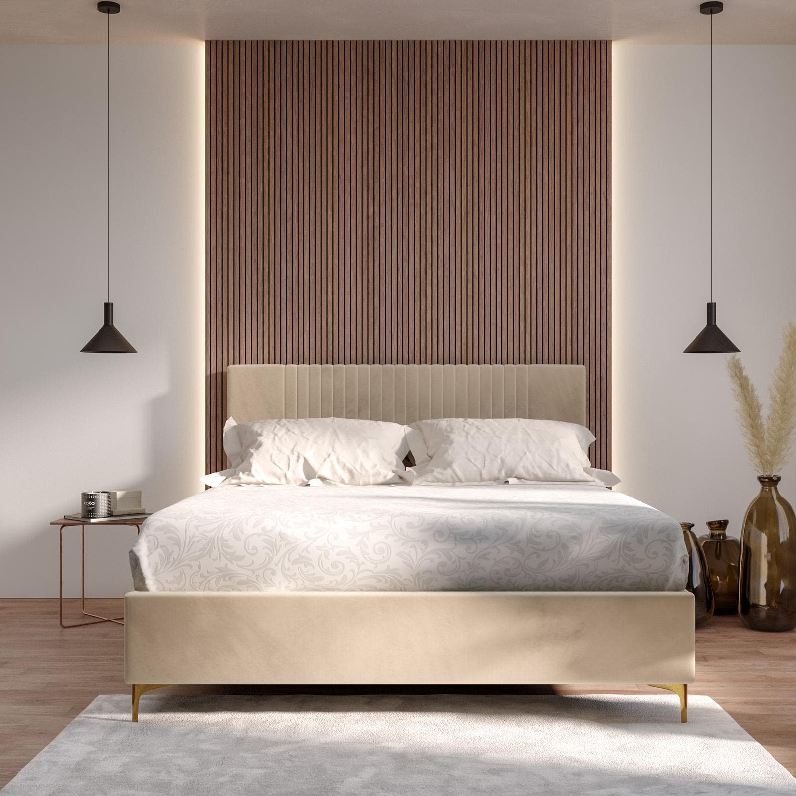 Letto matrimoniale 160x190 cm in velluto beige con contenitore e piedi oro - Maverick
