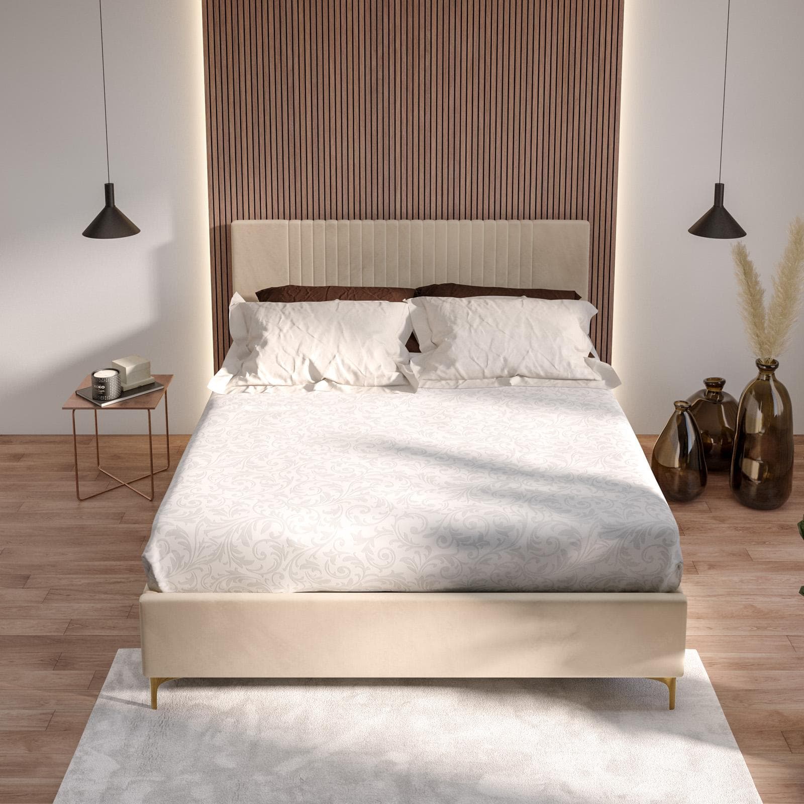 Letto matrimoniale 160x190 cm in velluto beige con contenitore e piedi oro - Maverick