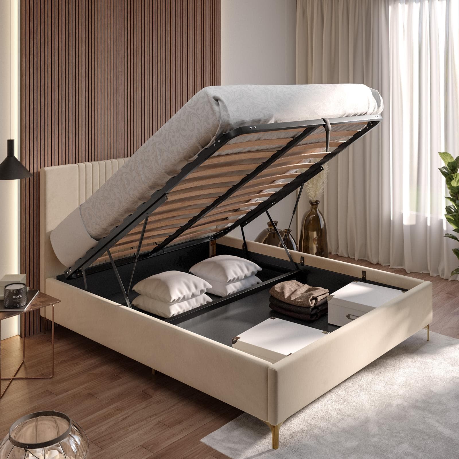 Letto matrimoniale 160x190 cm in velluto beige con contenitore e piedi oro - Maverick