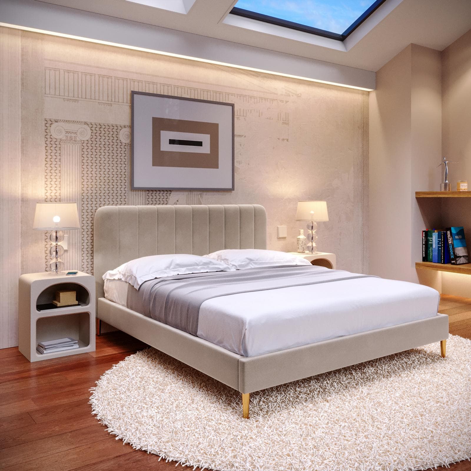 Letto matrimoniale 160x190 cm in velluto tortora con piedi in metallo oro - Chiarore