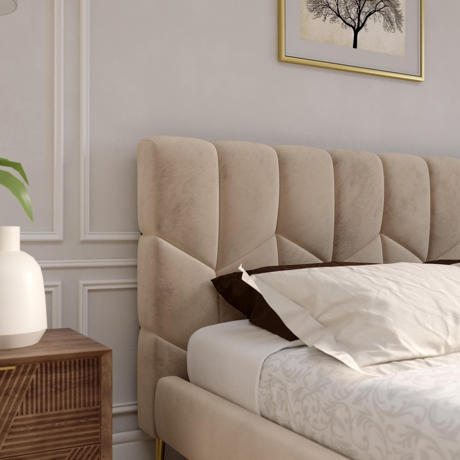 Letto matrimoniale 160x190 cm in velluto beige e piedi oro - Syman