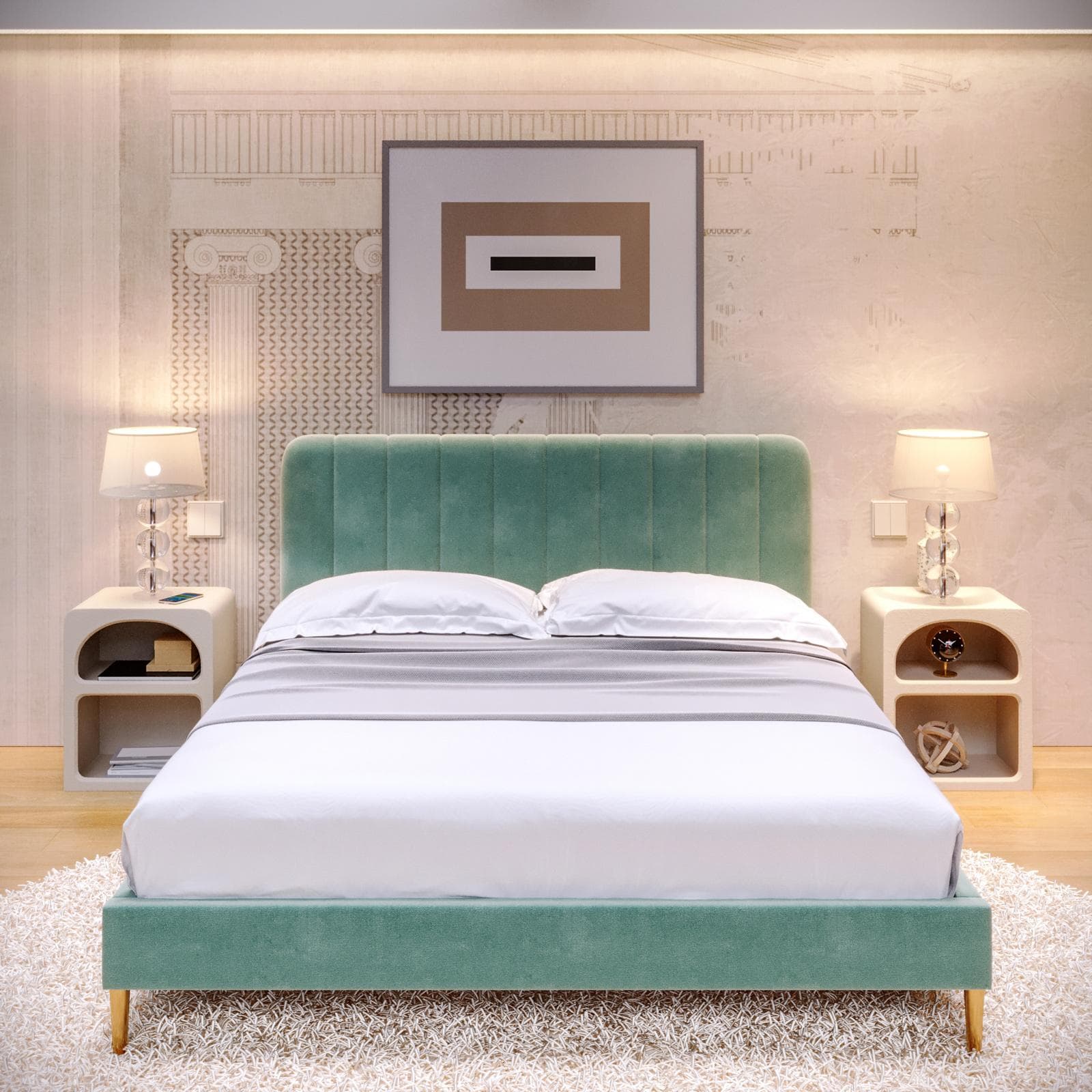 Letto matrimoniale 160x190 cm in velluto verde salvia con piedi in metallo oro - Chiarore