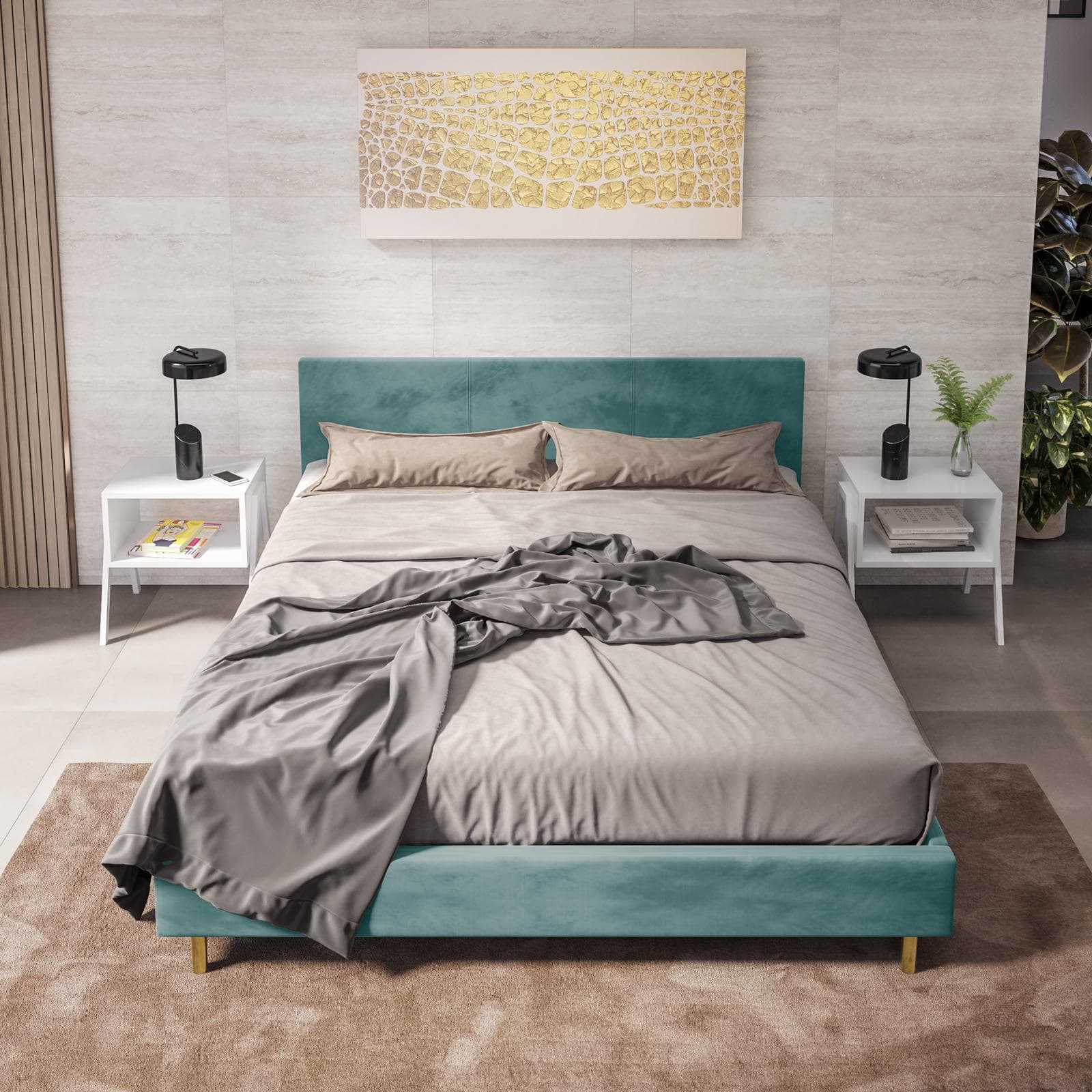 Letto matrimoniale 160x190 cm in velluto verde salvia e piedi oro - Frendy