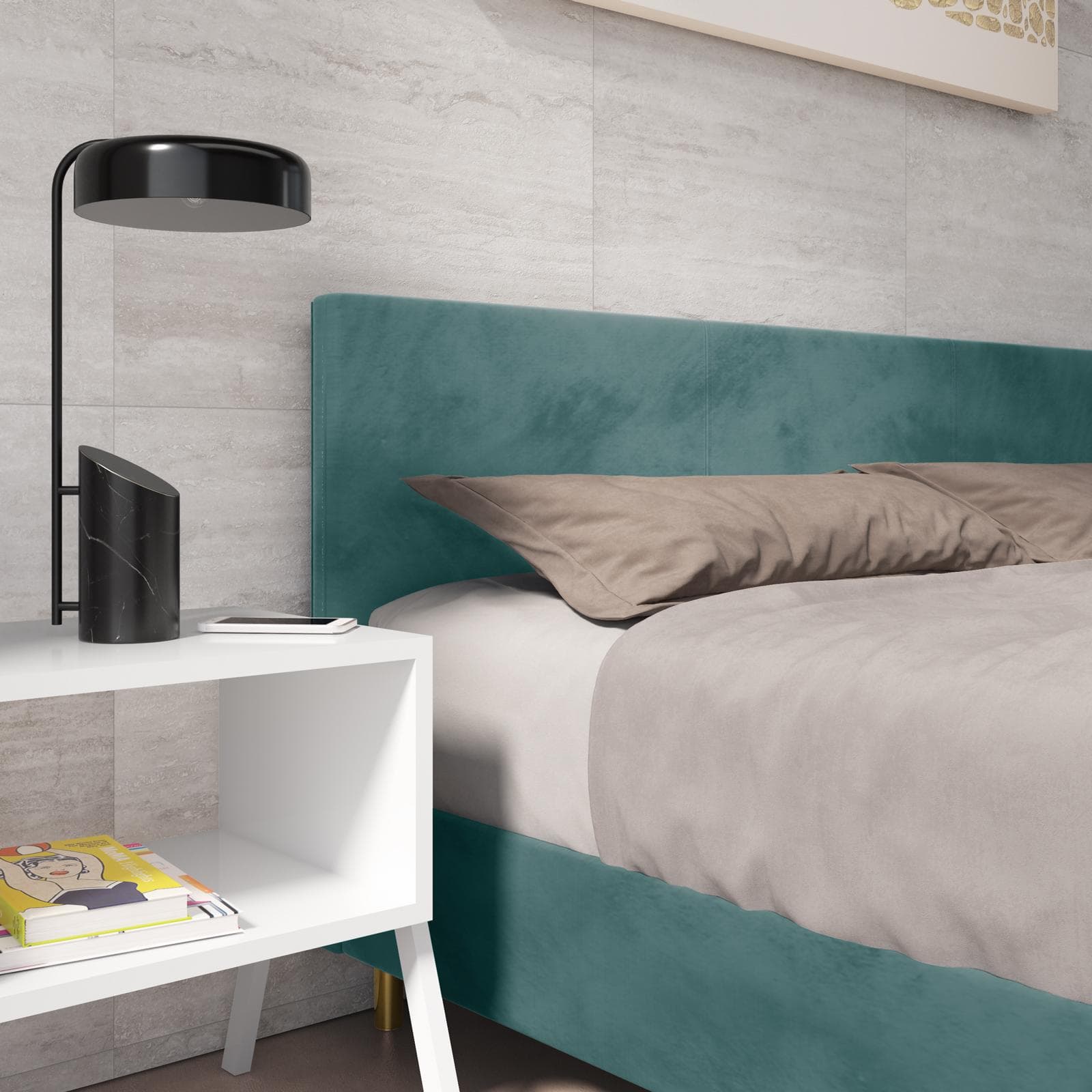 Letto matrimoniale 160x190 cm in velluto verde salvia e piedi oro - Frendy