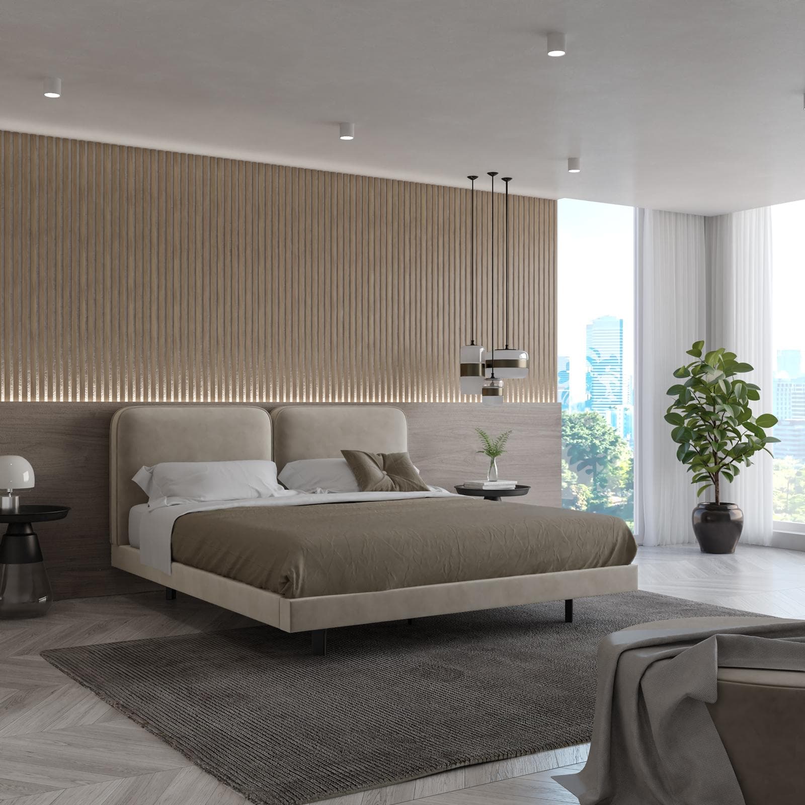 Letto matrimoniale 160x190 cm sospeso in velluto tortora chiaro - Fjodor