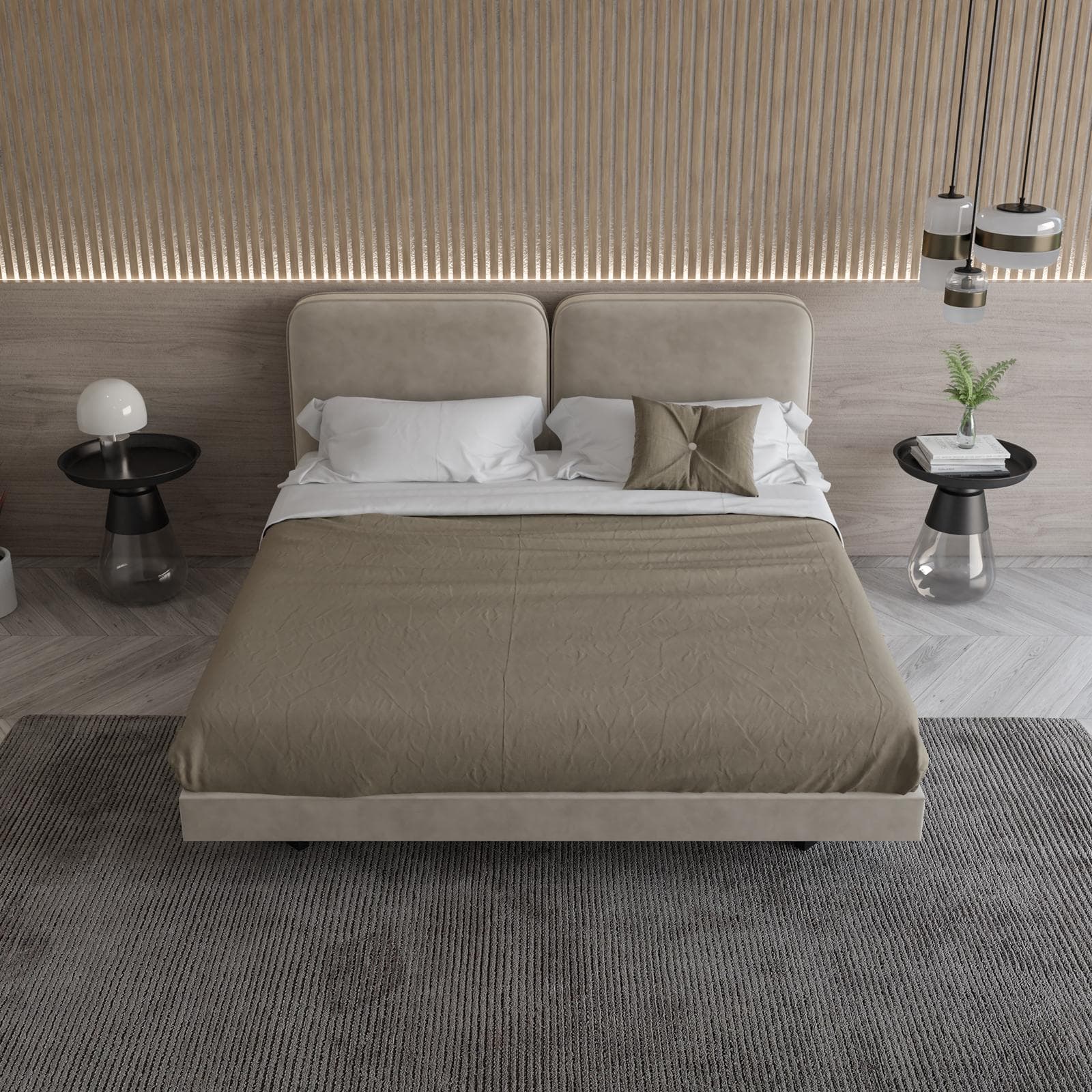 Letto matrimoniale 160x190 cm sospeso in velluto tortora chiaro - Fjodor
