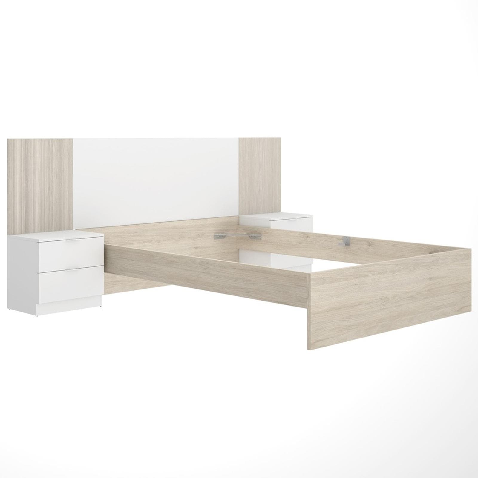 Letto matrimoniale 160x200 cm bianco ed effetto rovere cannettato con testata e 2 comodini - Nexa