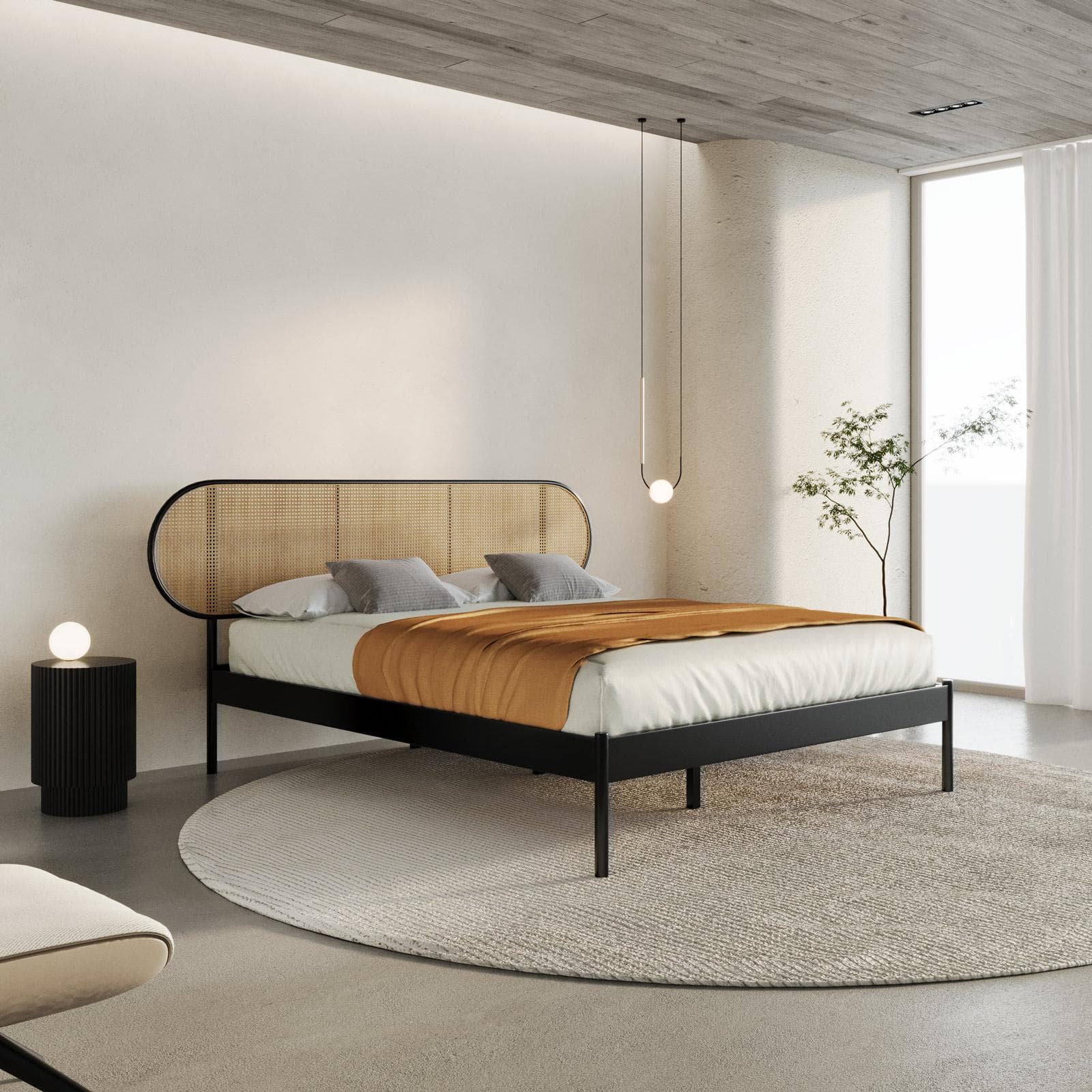 Letto matrimoniale 160x200 cm con struttura in metallo nero e testata tondeggiante effetto paglia di Vienna - Alaric