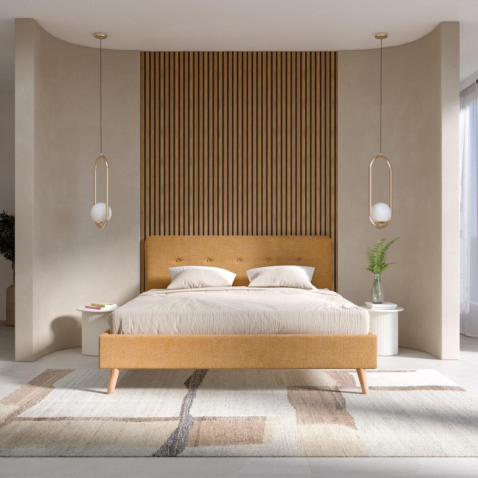 Letto matrimoniale 160x200 cm in tessuto effetto maglia giallo ocra con gambe in legno - Lasly
