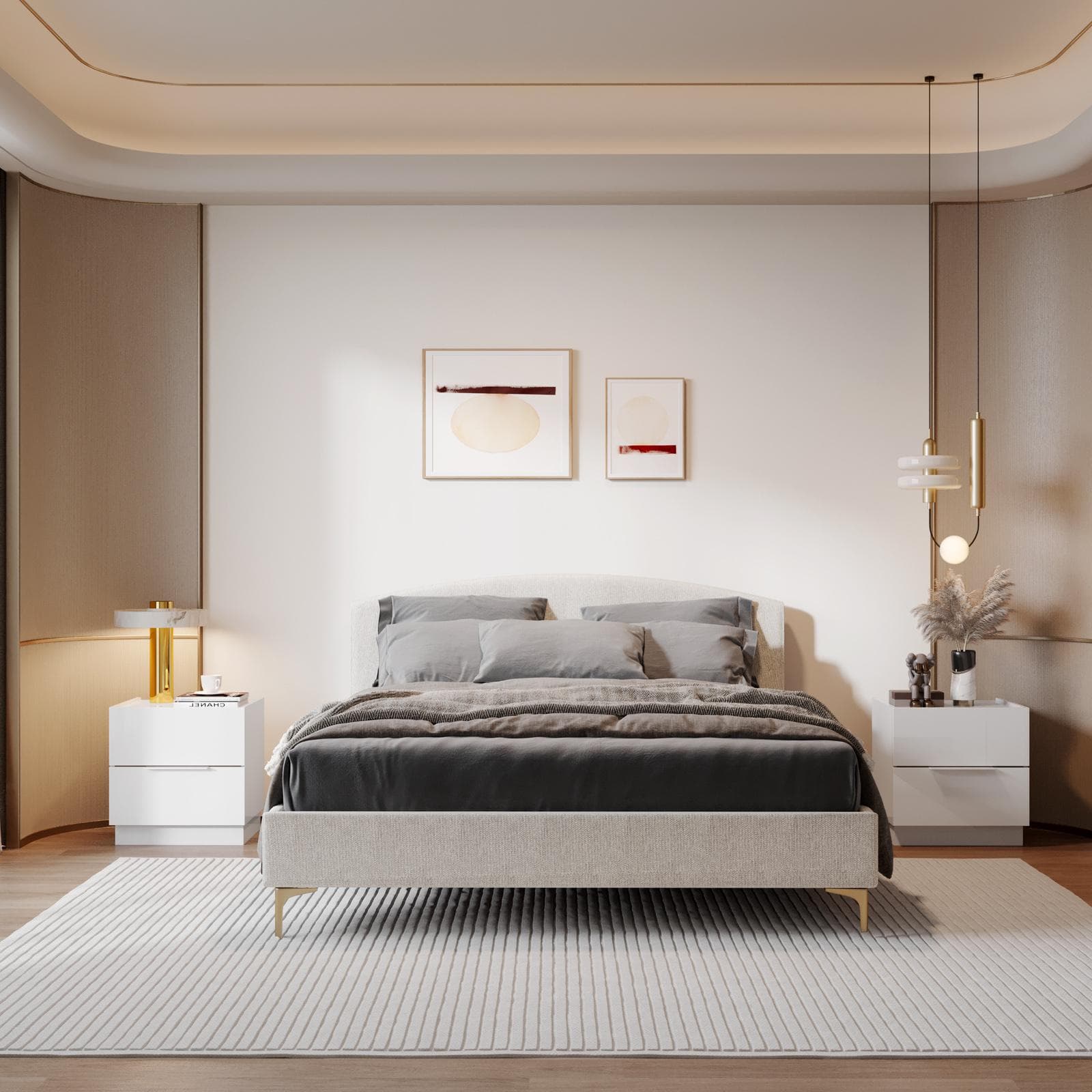 Letto matrimoniale 160x200 cm in tessuto effetto maglia off white con gambe in metallo oro - Boulevard