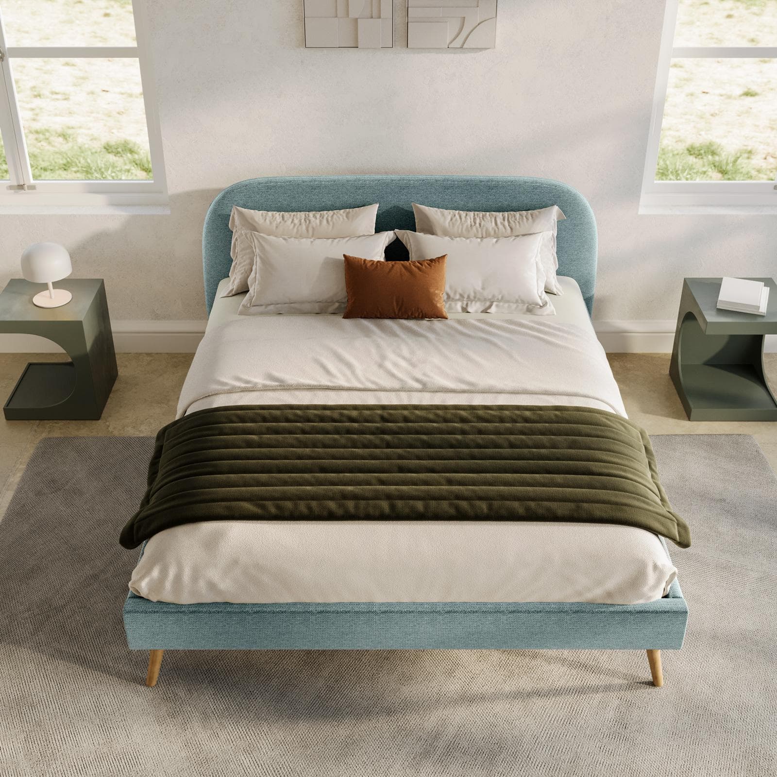 Letto matrimoniale 160x200 cm in tessuto effetto maglia verde salvia con piedi in legno - Ramon