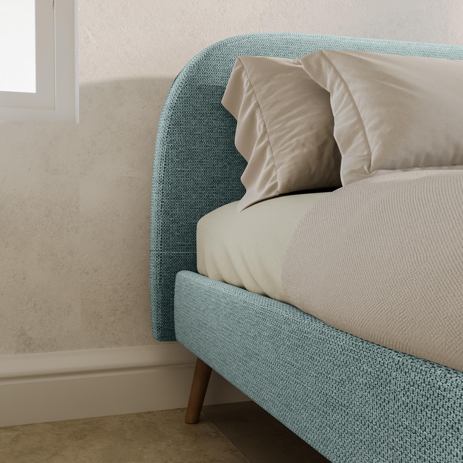 Letto matrimoniale 160x200 cm in tessuto effetto maglia verde salvia con piedi in legno - Ramon