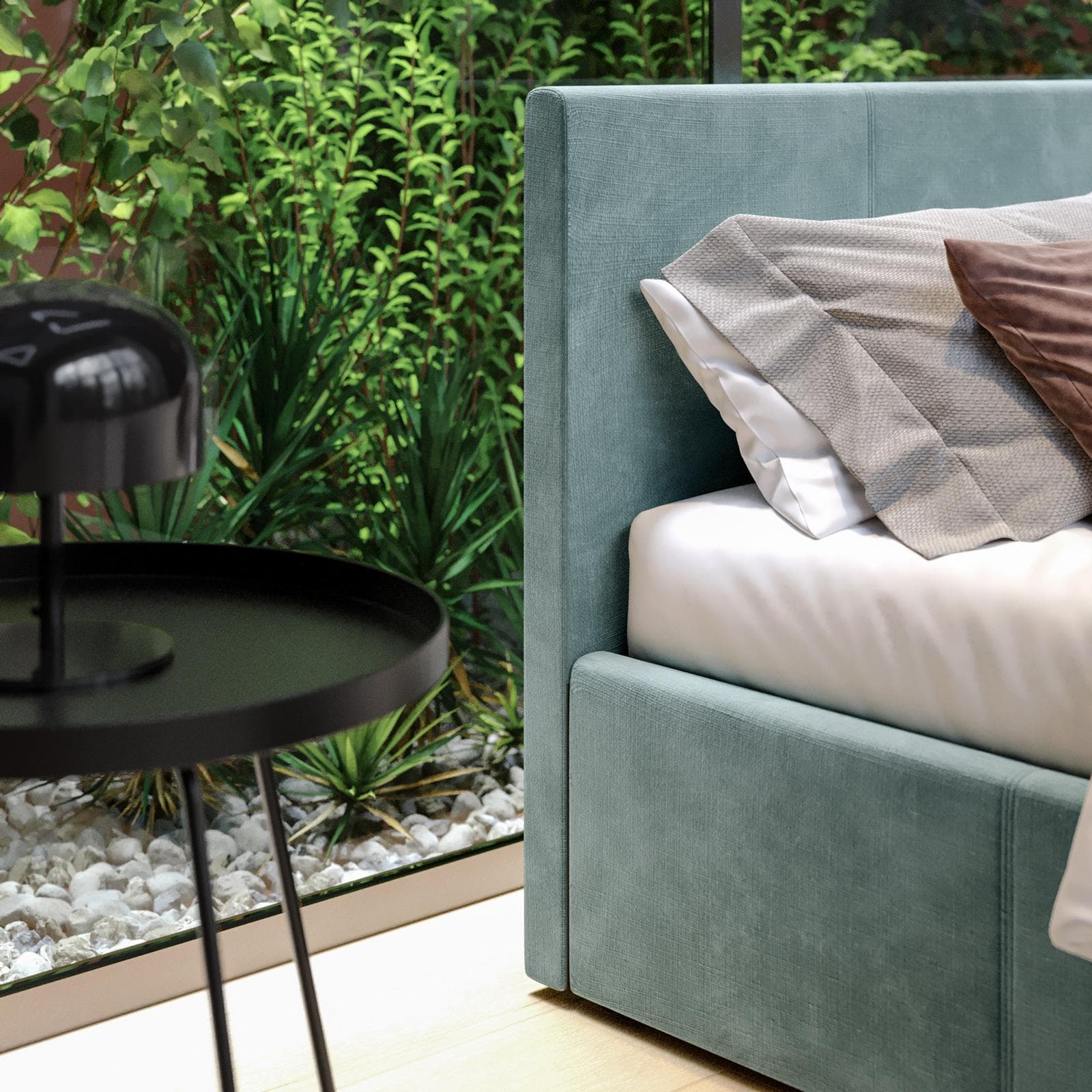 Letto matrimoniale 160x200 cm in tessuto verde con contenitore - Joya