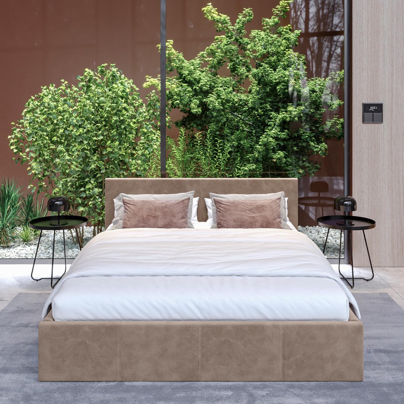 Letto matrimoniale 160x200 cm in tessuto visone beige con contenitore - Joya