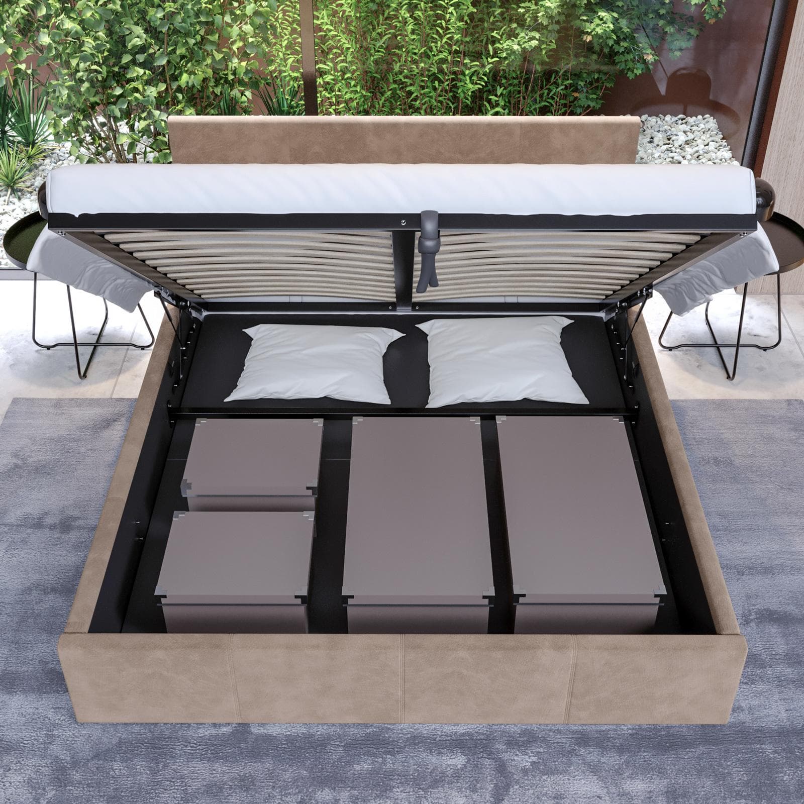 Letto matrimoniale 160x200 cm in tessuto visone beige con contenitore - Joya
