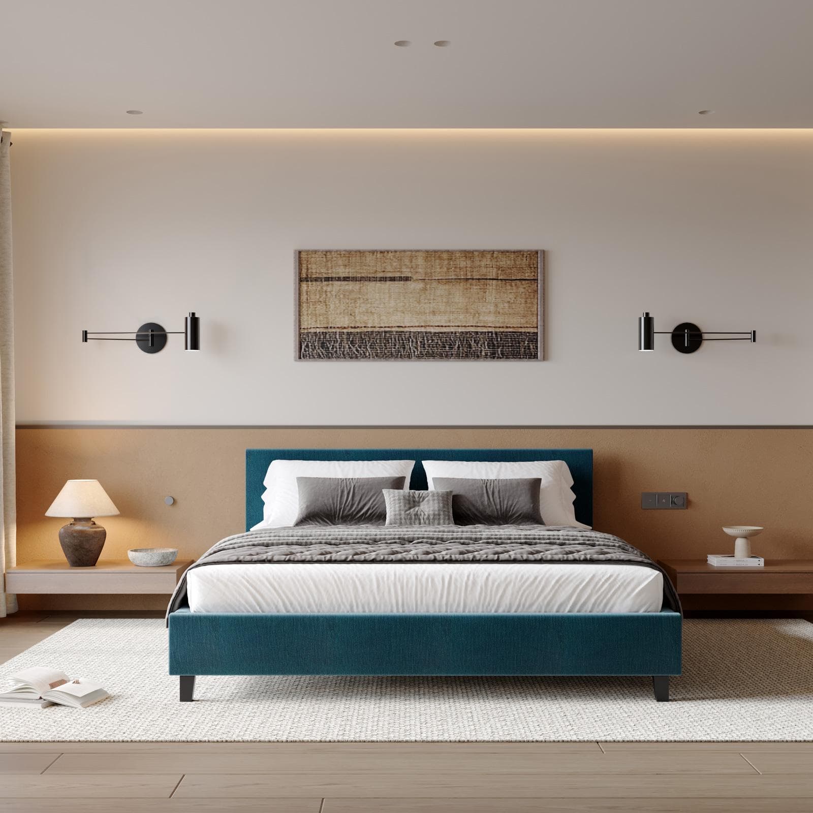 Letto matrimoniale 160x200 cm in velluto a costine blu - Cezanne