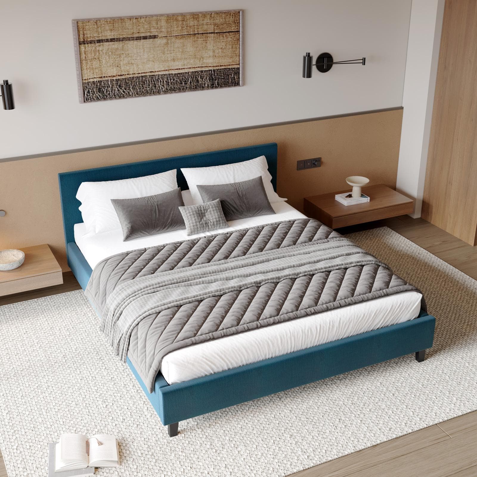 Letto matrimoniale 160x200 cm in velluto a costine blu - Cezanne