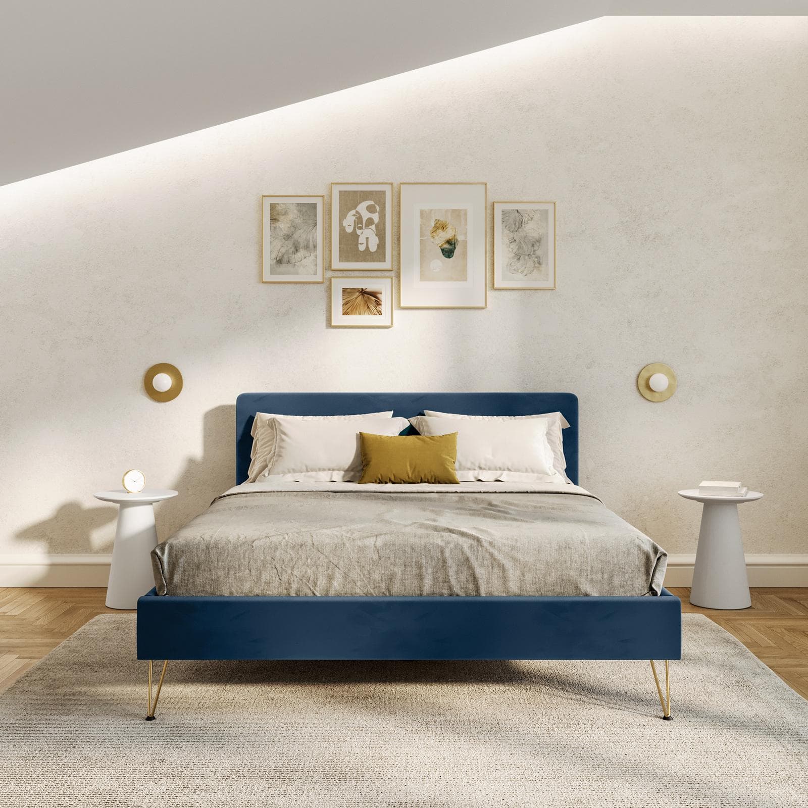 Letto matrimoniale 160x200 cm in velluto blu petrolio con gambe oro - Viggo