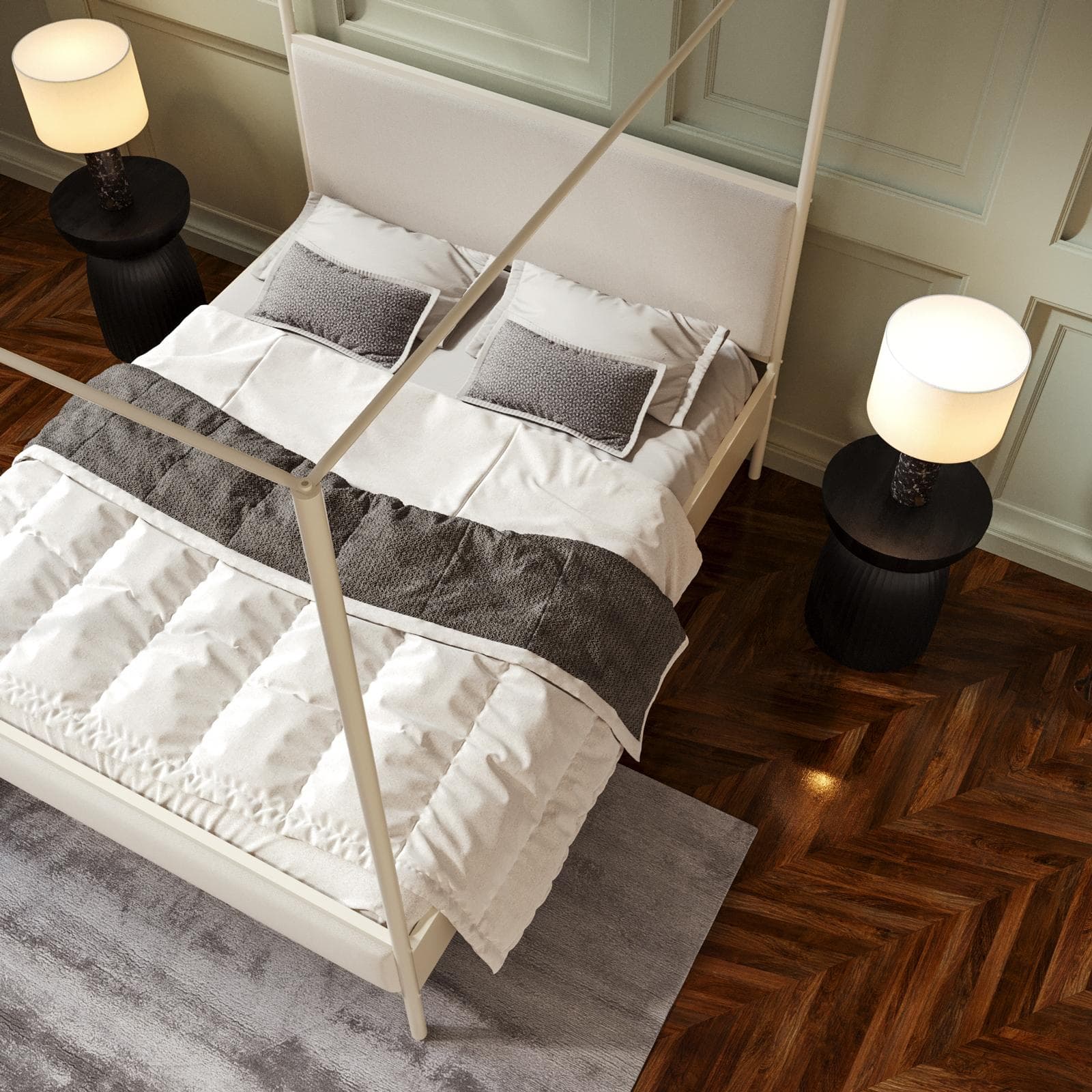 Letto matrimoniale baldacchino 160x200 cm in metallo beige e rivestimento in tessuto trama sottile crema - Phoenix Squared