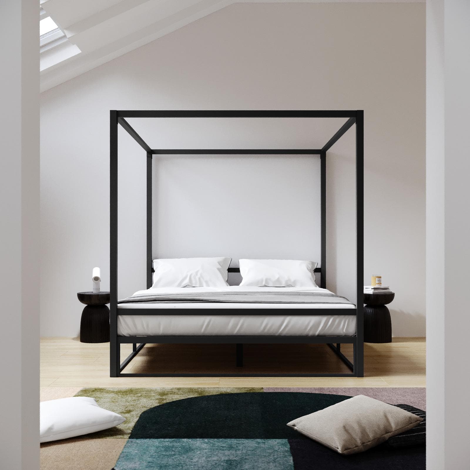 Letto matrimoniale baldacchino 160x200 cm in metallo nero - Drosim