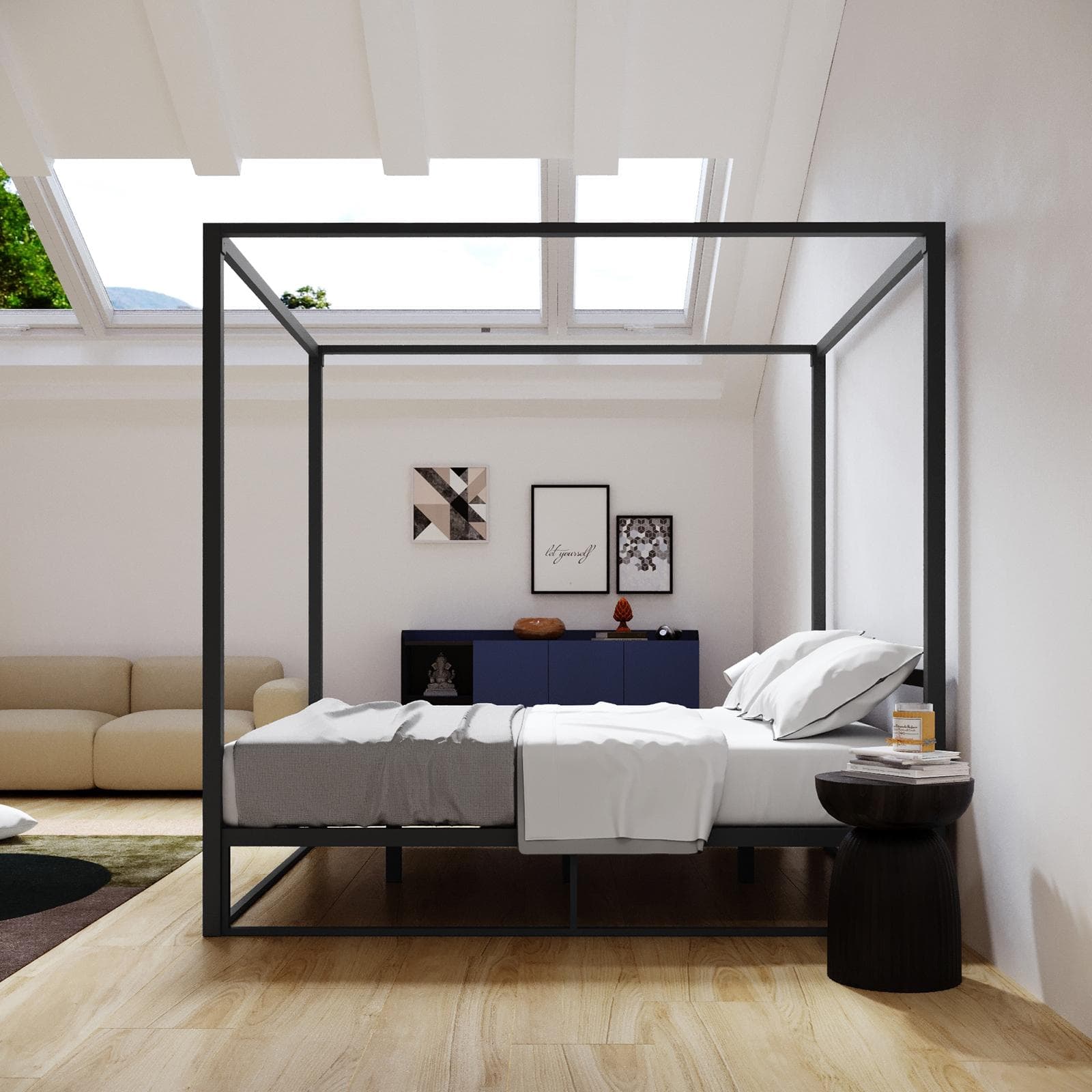Letto matrimoniale baldacchino 160x200 cm in metallo nero - Drosim