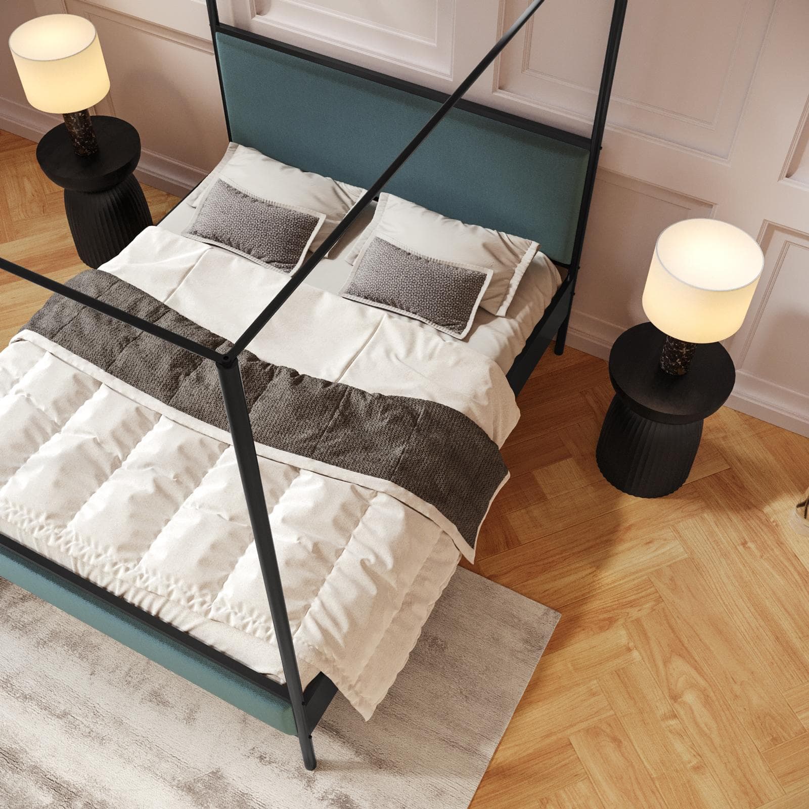 Letto matrimoniale baldacchino 160x200 cm in metallo nero e tessuto effetto maglia blu petrolio - Phoenix Squared