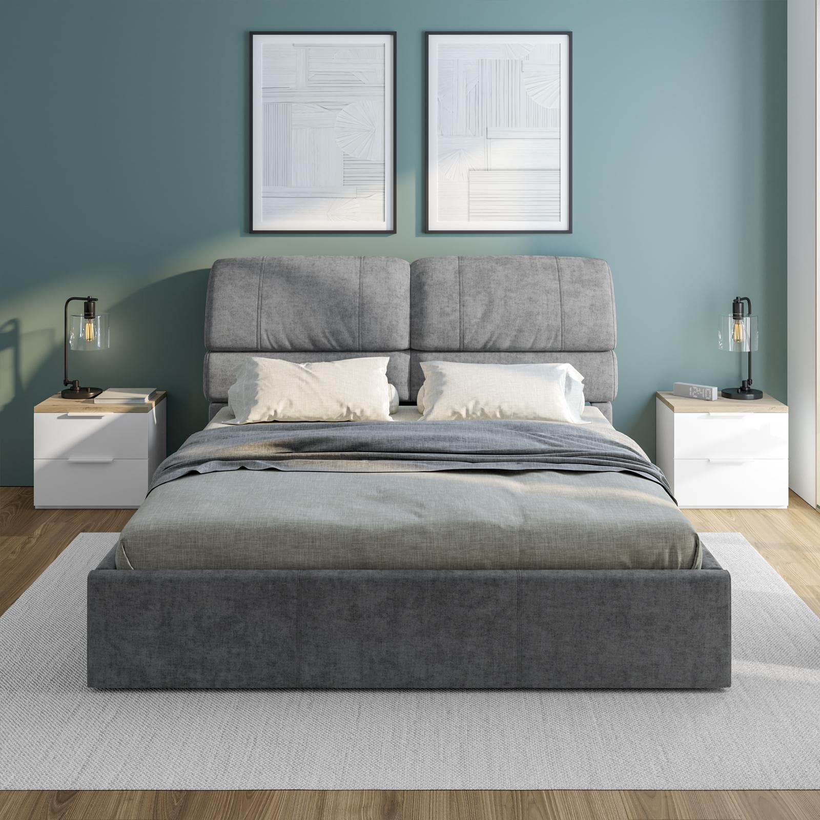 Letto matrimoniale contenitore 160x190 cm con testata sofà imbottita in tessuto cenere - Zulai